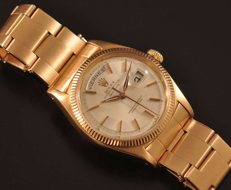 Men's Rolex Rose Gold Day-Date Wristwatch Ref 6611B circa 1950s For Sale