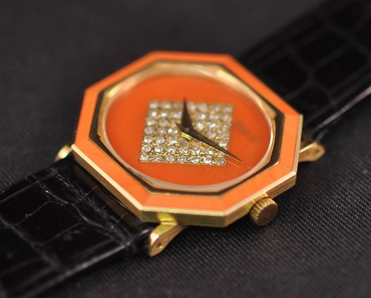 Women's Piaget Lady's Yellow Gold Diamond Octagonal Coral Wristwatch For Sale