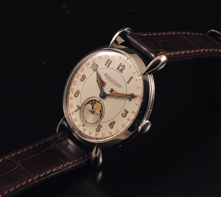 Jaeger-LeCoultre stainless steel triple calendar moonphase wristwatch, manual-wind movement, circa 1950s