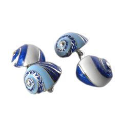 Blue White Light Blue Hand Enamelled Seashell Shaped Sterling Silver Cufflinks 4