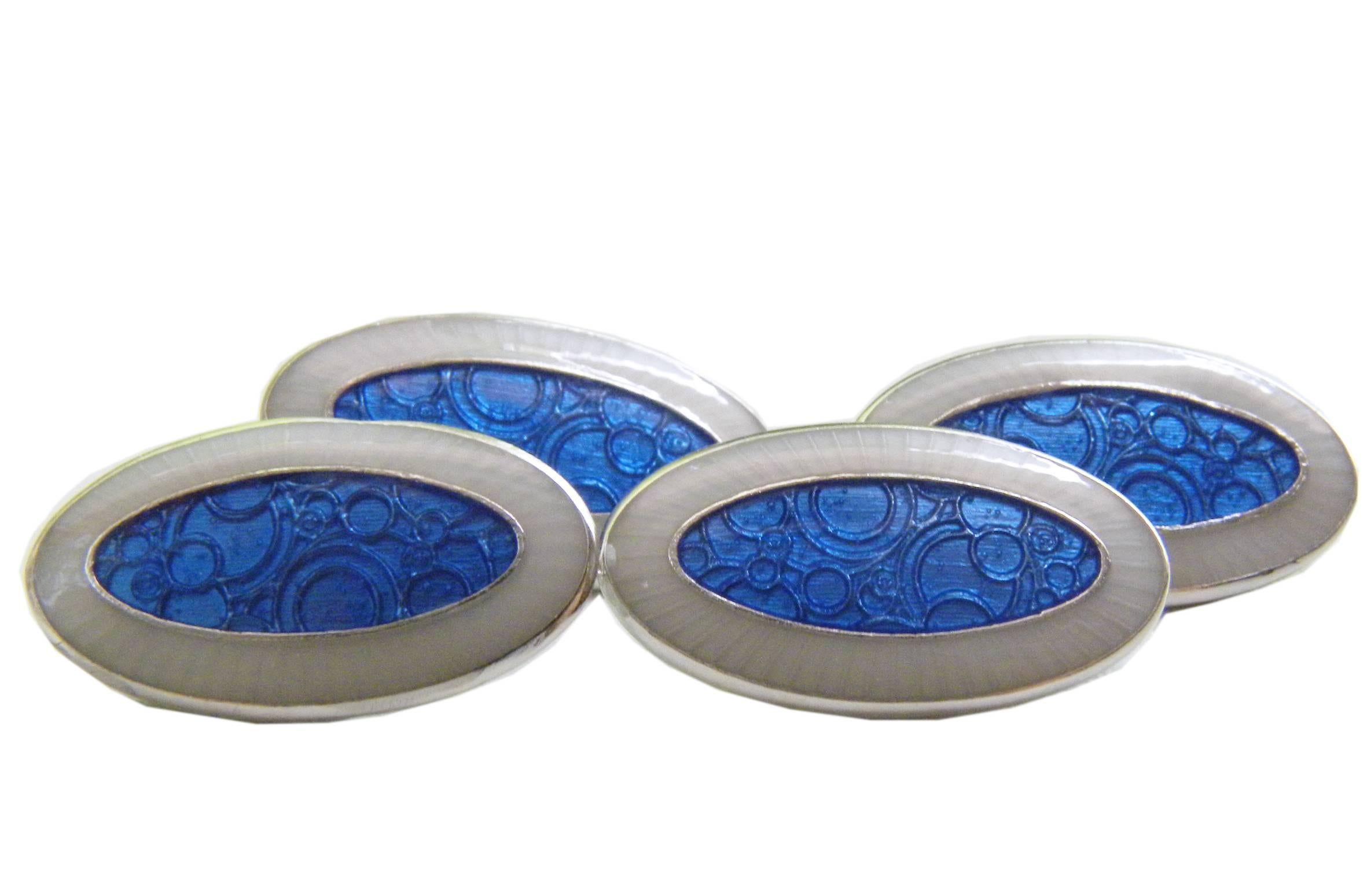 Unique Champlevé Hand Enamelled Blue Light Grey Sterling Silver Cufflinks In New Condition In Valenza, IT