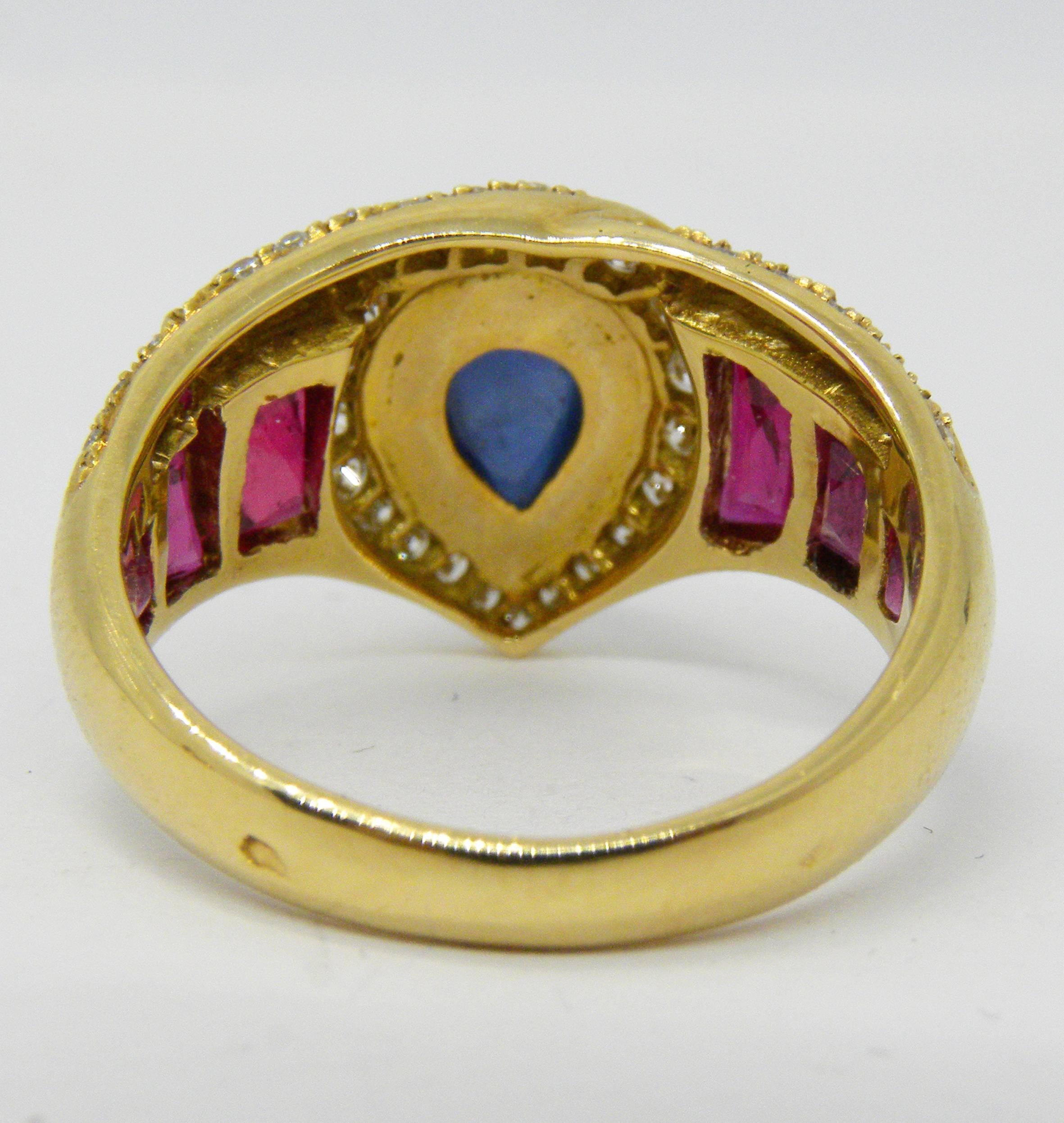Modern 1980s Original Natural Cabochon Sapphire  Ruby White Diamond Gold Cocktail Ring