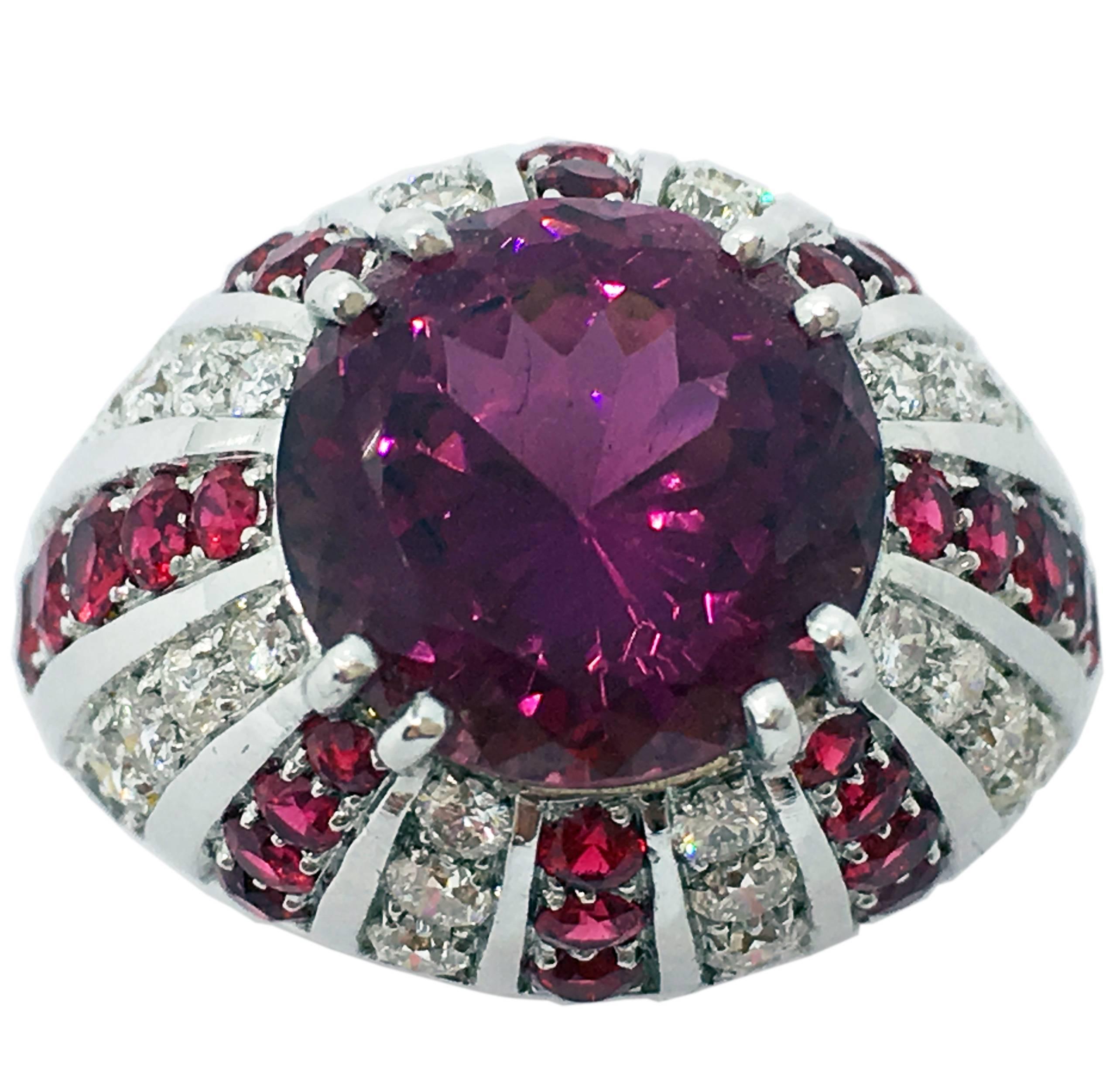 One-of-a-kind Original Sixties Cocktail Dome Ring featuring an unusual 5.77Carat Brilliant Cut natural, not enhanced, extraordinary Burgundy, Purplish Red Tourmaline(diameter about 0.444inches, 11.30mm) in an 1.24 Carat White Diamond, 1.94 Carat