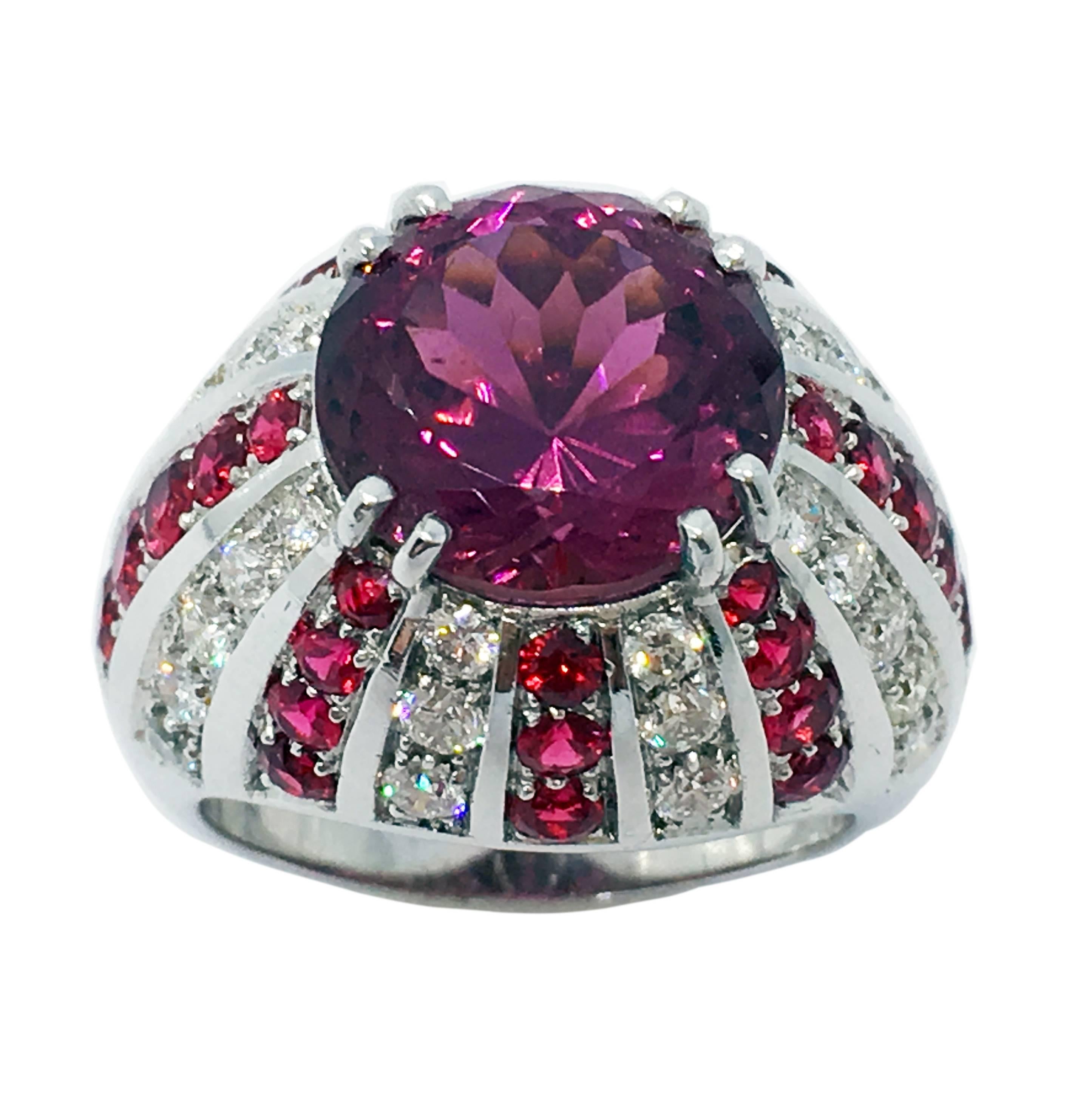 Round Cut Berca 1960s 5.77 Carat Natural Pink Tourmaline Diamond Ruby Cocktail Ring