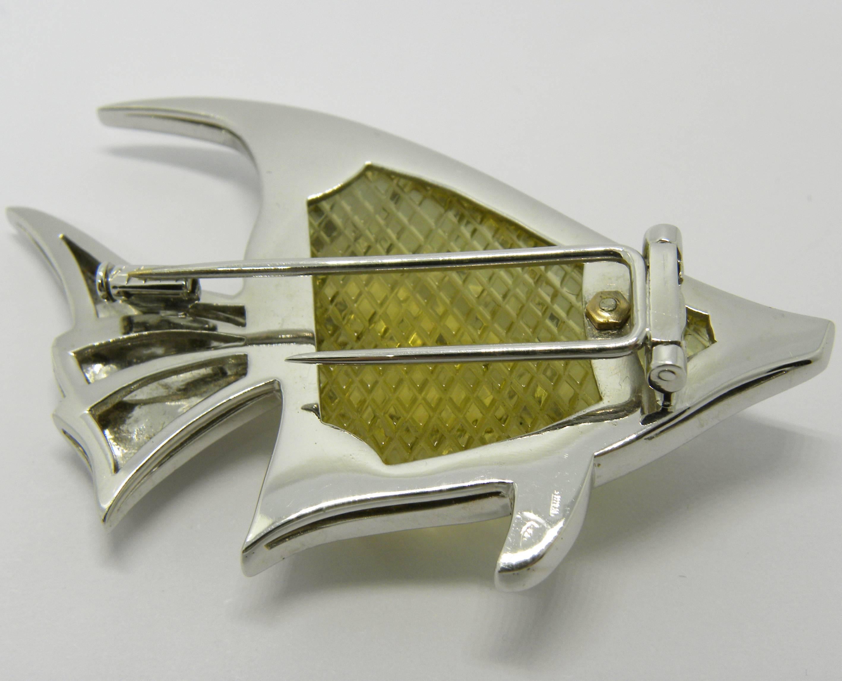 Cabochon Berca One-of-a-kind 43.25 Carat Lemon Quartz White Diamond Angelfish Brooch For Sale