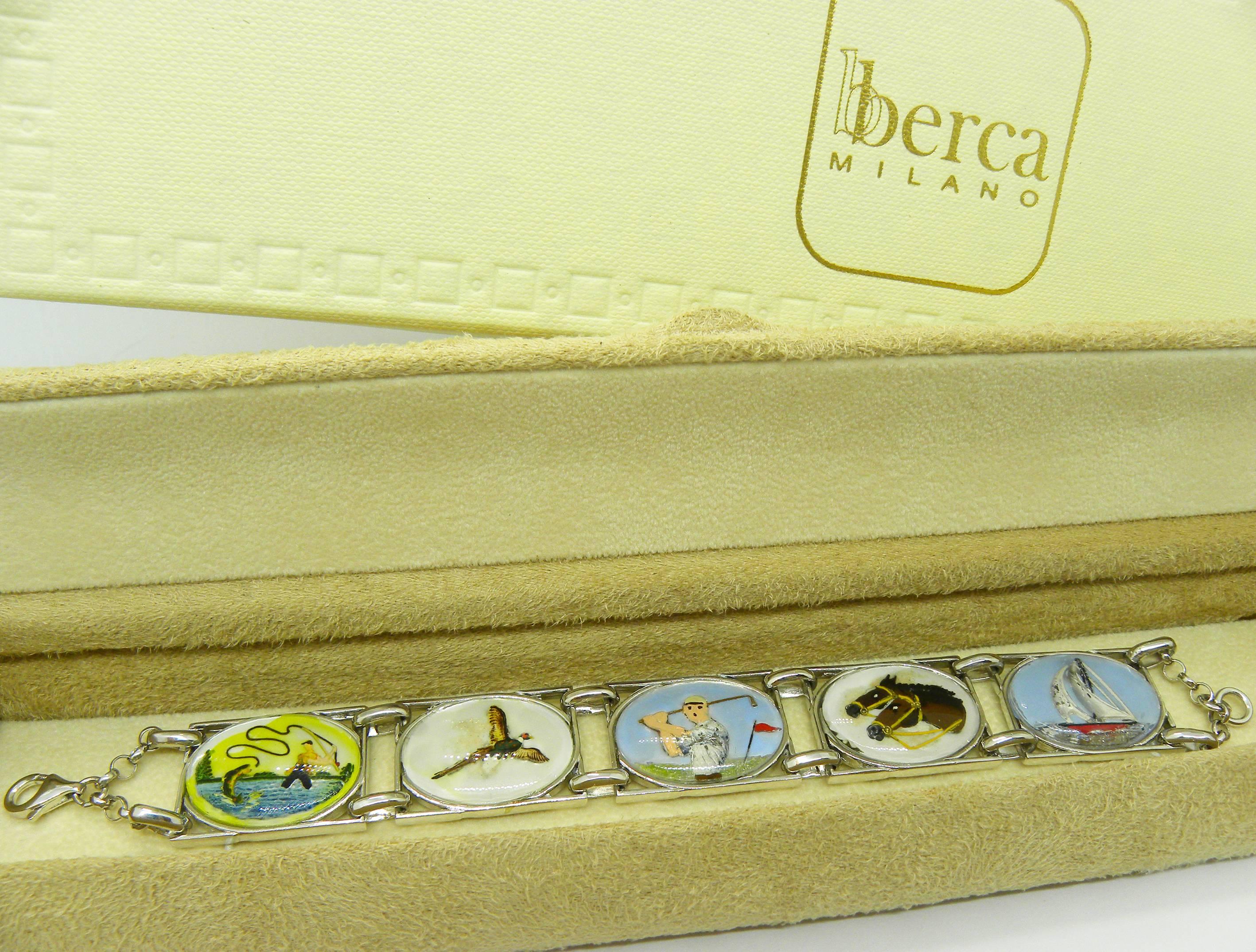 Bracciale Berca originale del 1950 con pittura inversa e cristalli in argento sterling In condizioni Nuovo in vendita a Valenza, IT