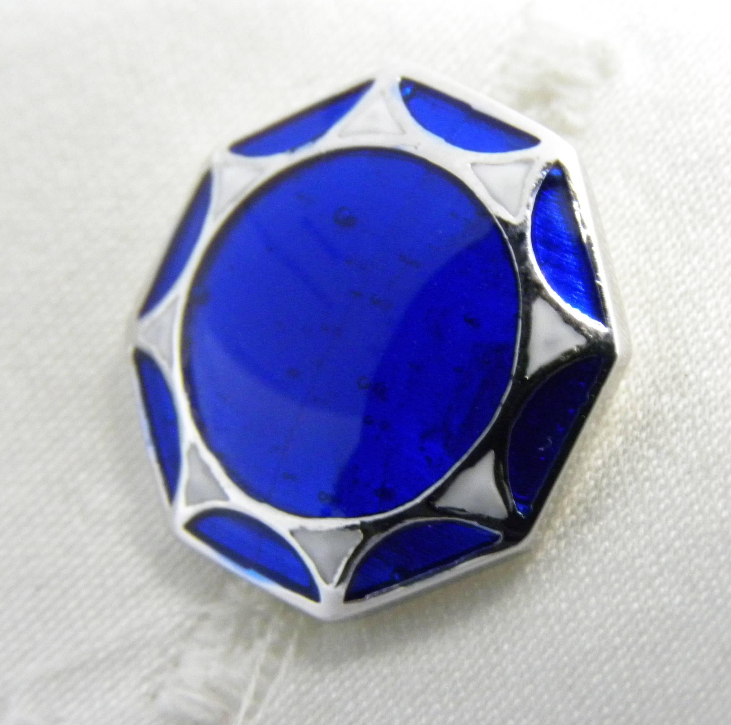 Berca Hand Enameled Blue White Octagonal Sterling Silver Cufflinks T-Bar Back In New Condition In Valenza, IT