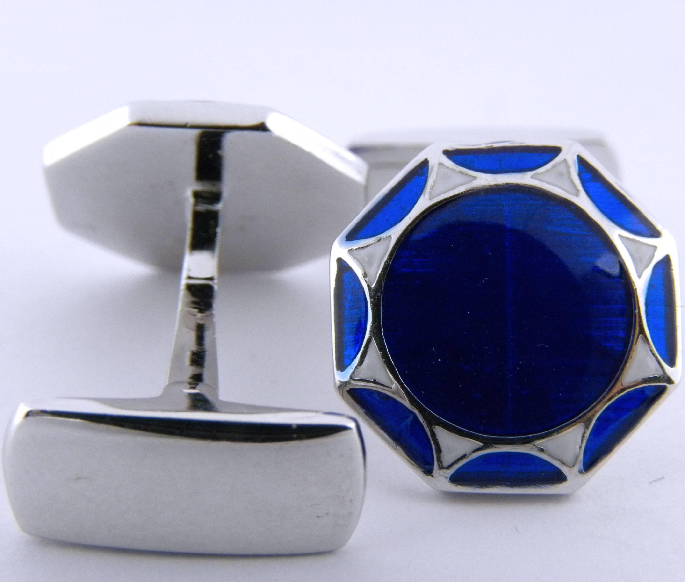 Smart and Simple, Absolutely Chic Navy Blue and White Sterling Silver cufflinks, t-bar back.

In our smart Black Box