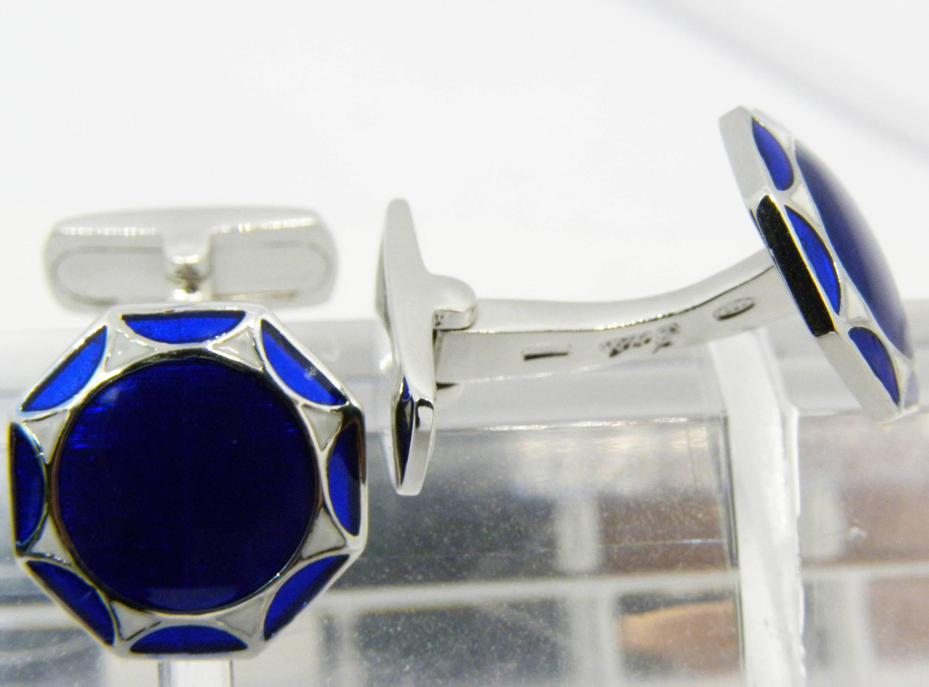 Contemporary Berca Hand Enameled Blue White Octagonal Sterling Silver Cufflinks T-Bar Back