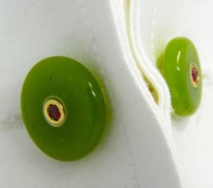 Berca Ruby in a Round Hand Inlaid Jade Setting 18 Karat Yellow Gold Cufflinks