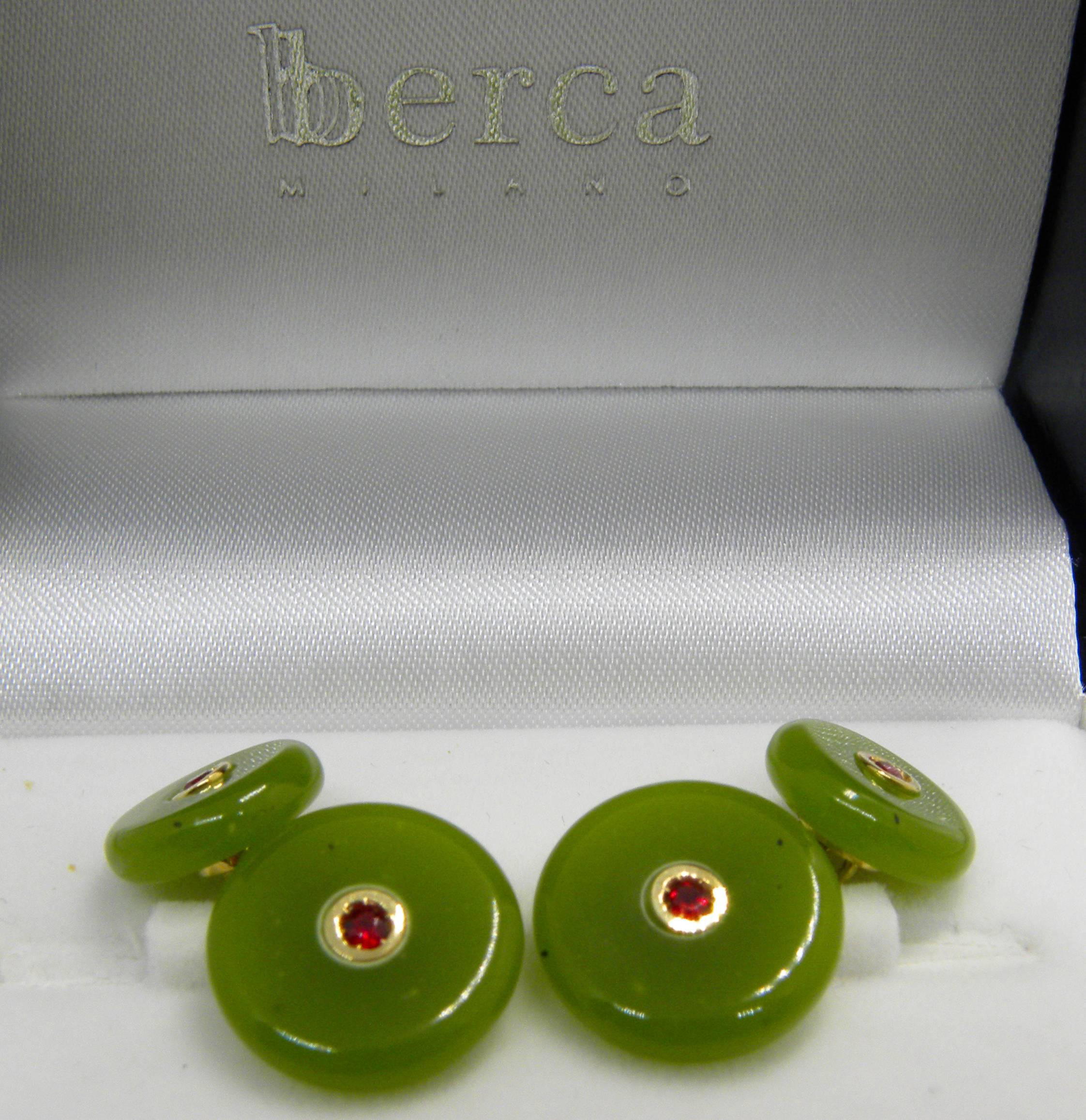 Berca Ruby in a Round Hand Inlaid Jade Setting 18 Karat Yellow Gold Cufflinks For Sale 2