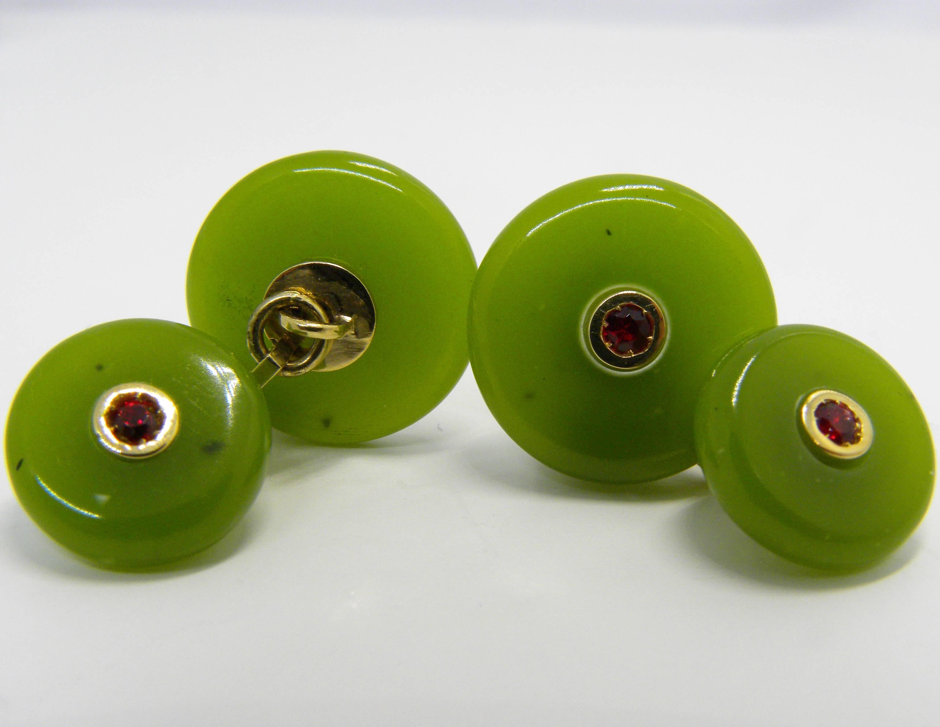 Round Cut Berca Ruby in a Round Hand Inlaid Jade Setting 18 Karat Yellow Gold Cufflinks For Sale