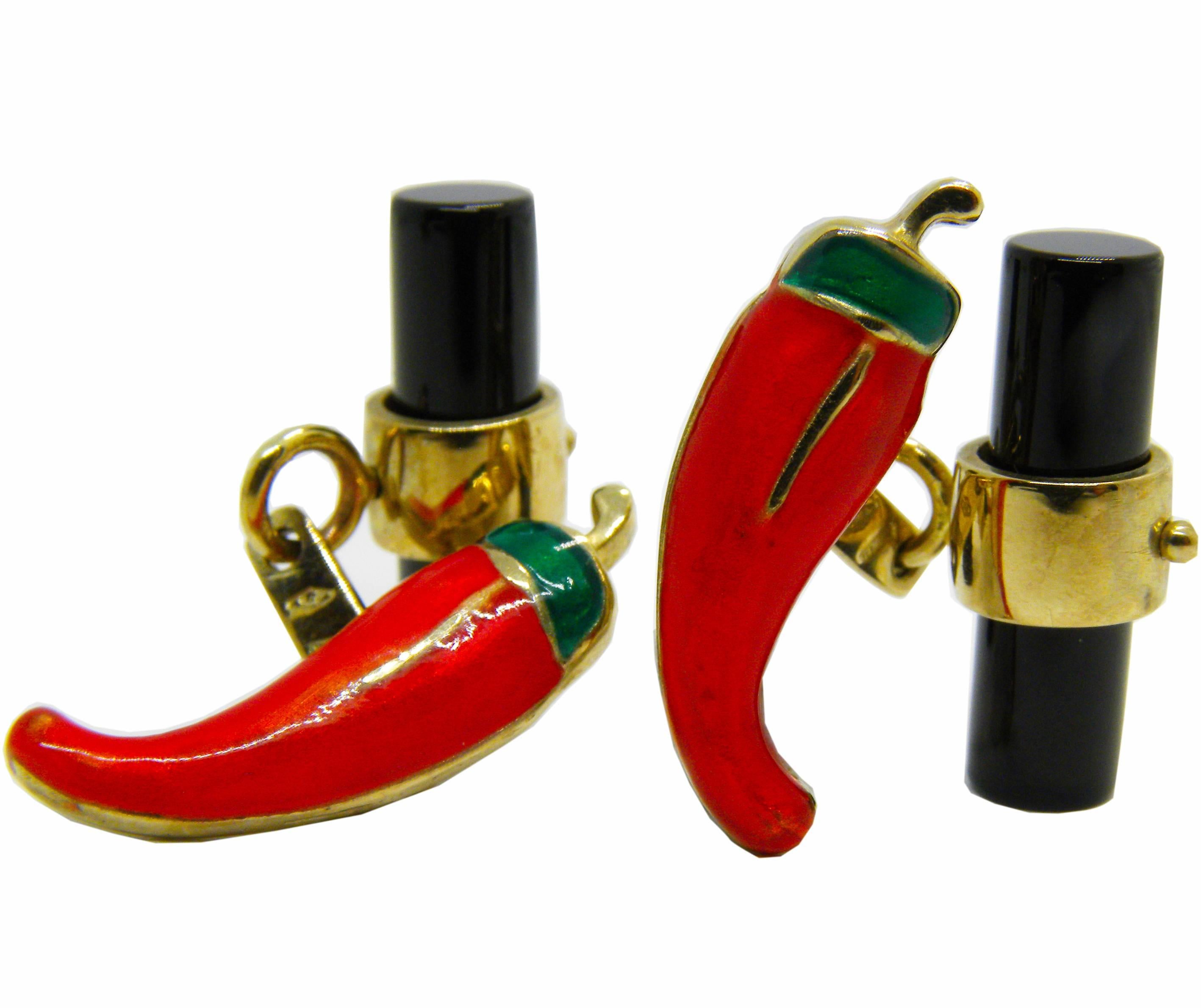 Unique yet Chic Hand Enameled Red Pepper Lucky Charm Cufflinks, onyx stick back, 9K  Yellow Gold setting.
In our smart Black Box and Pouch.
