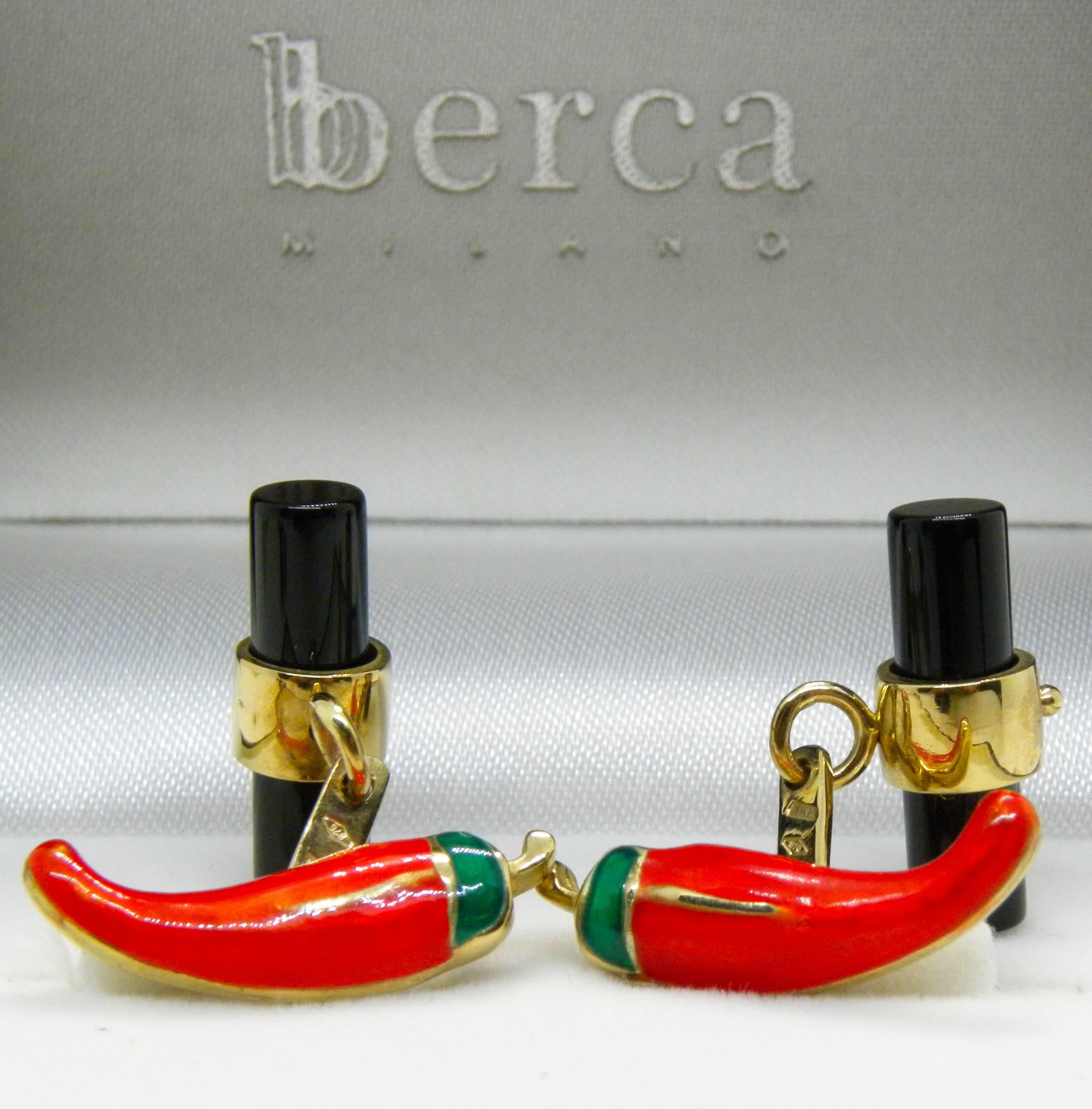 Contemporary Berca Hand Enameled Red Pepper Black Onyx Stick Back Yellow Gold Cufflinks