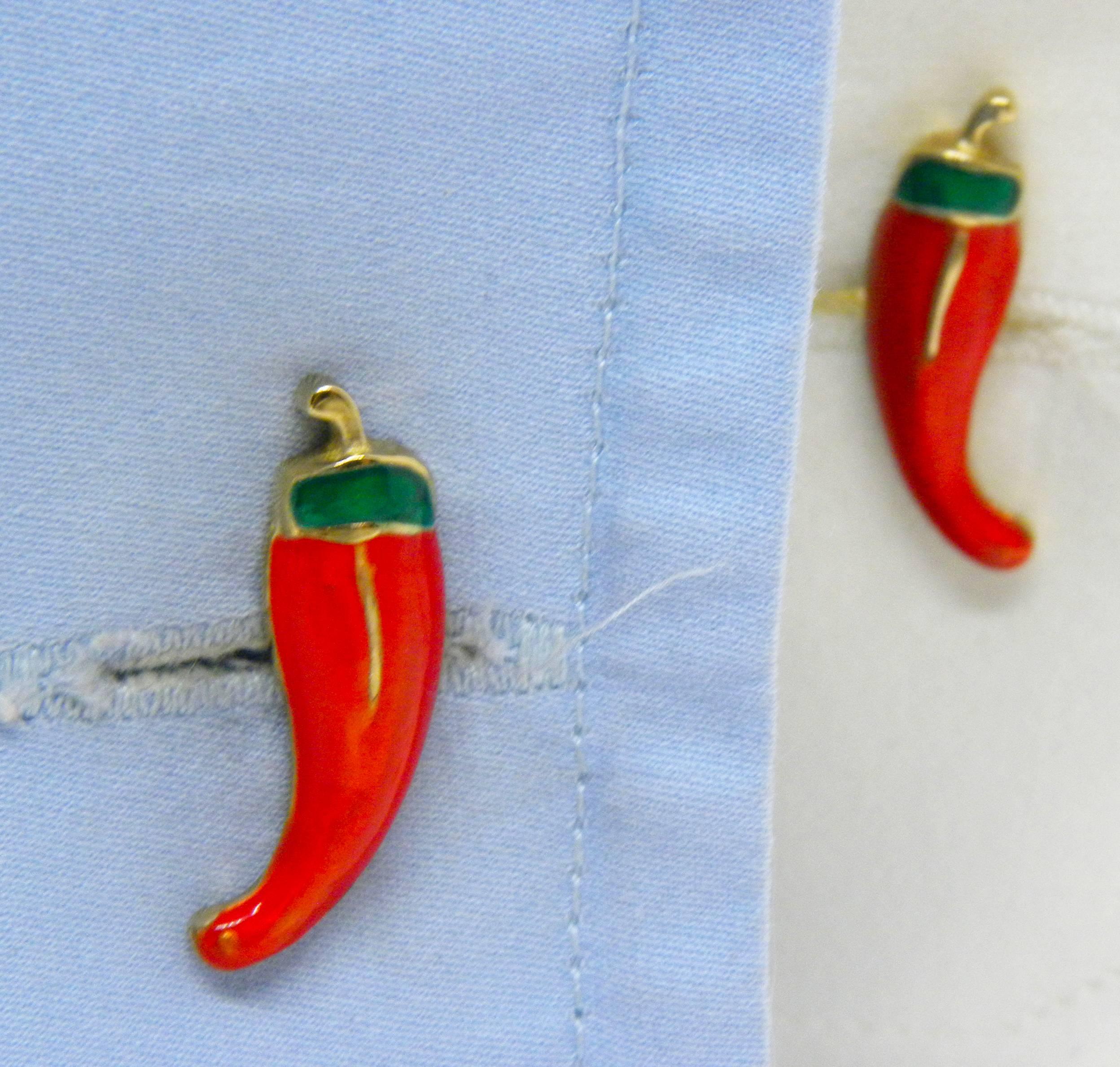 Berca Hand Enameled Red Pepper Black Onyx Stick Back Yellow Gold Cufflinks In New Condition In Valenza, IT