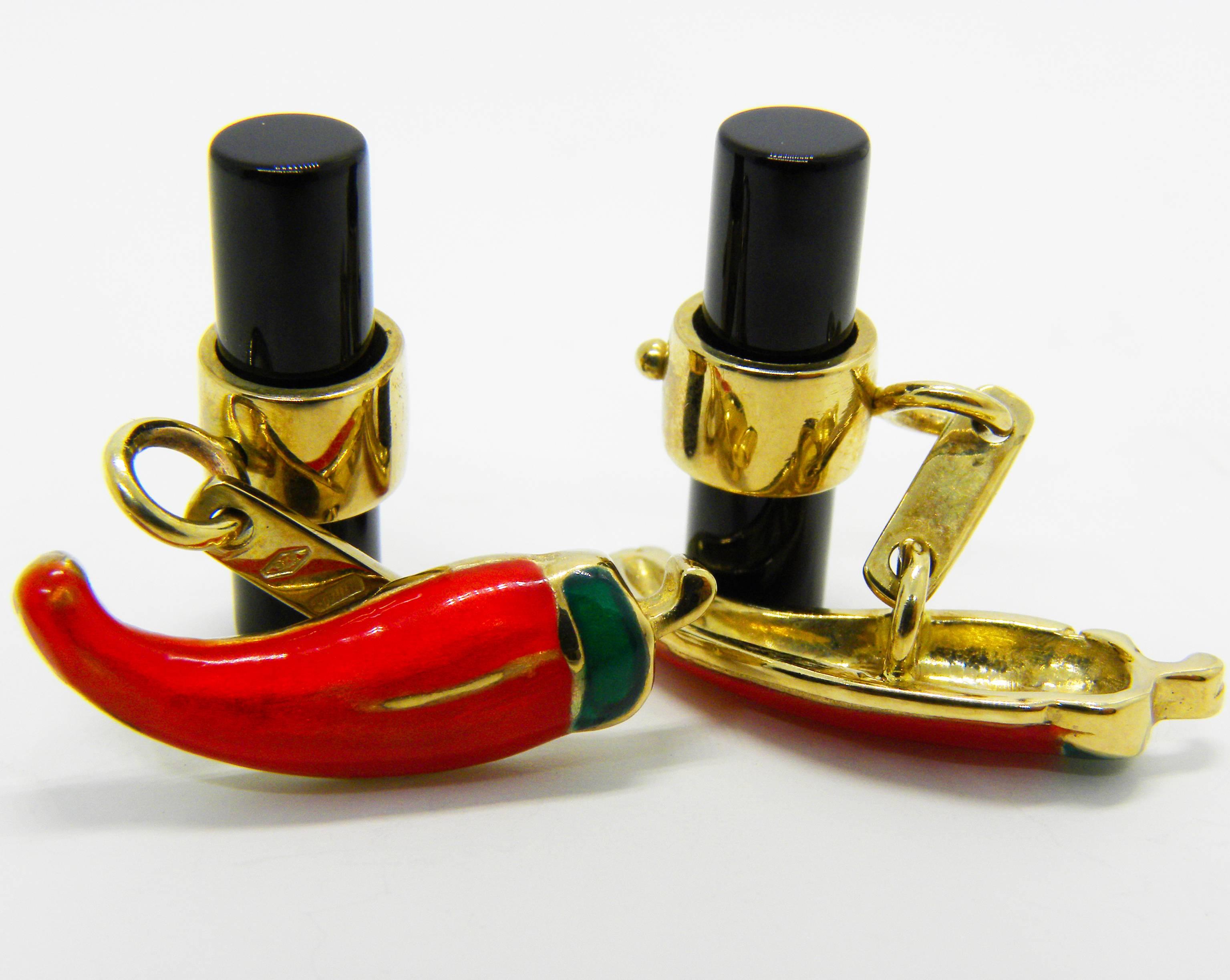 Women's or Men's Berca Hand Enameled Red Pepper Black Onyx Stick Back Yellow Gold Cufflinks