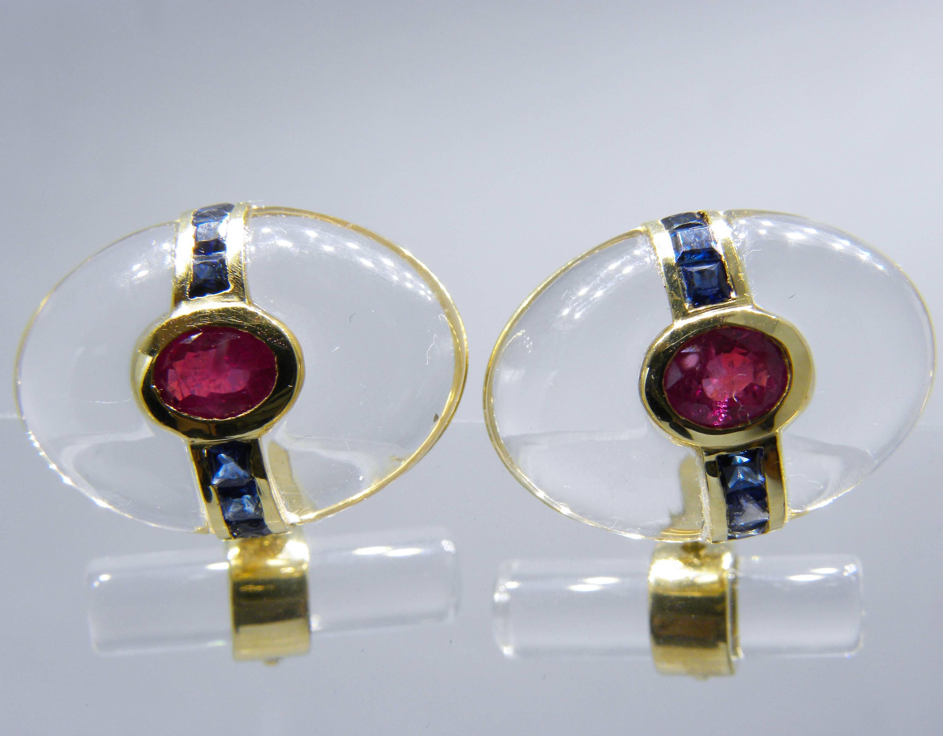 Berca Oval Rock Crystal Square Cut Sapphire Oval Ruby 18 Karat Gold Cufflinks 1