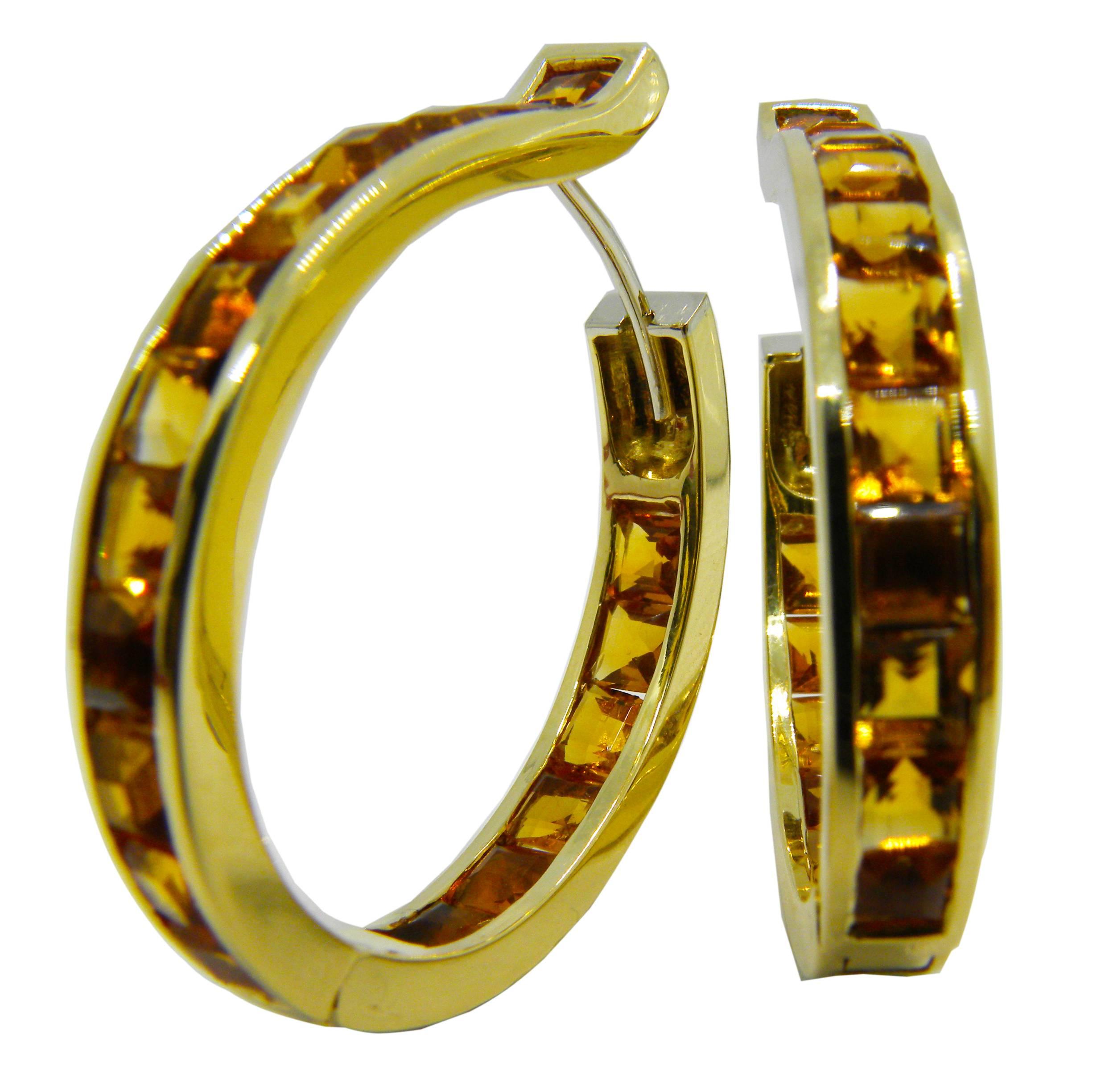 Berca Unique Oval Square Cut Natural Citrine 18 Carat Yellow Gold Hoop Earrings For Sale
