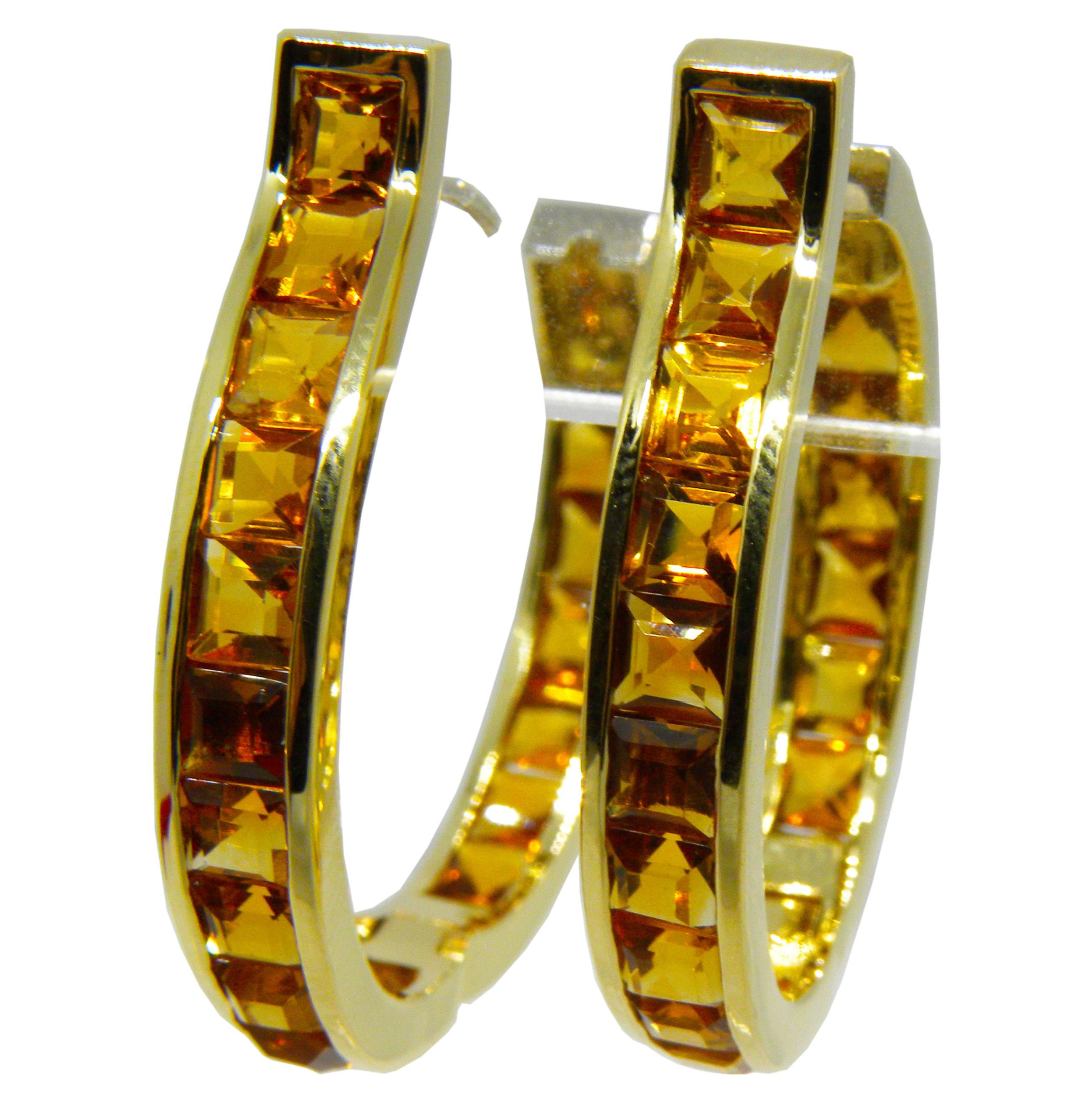 Contemporary Berca Unique Oval Square Cut Natural Citrine 18 Carat Yellow Gold Hoop Earrings For Sale