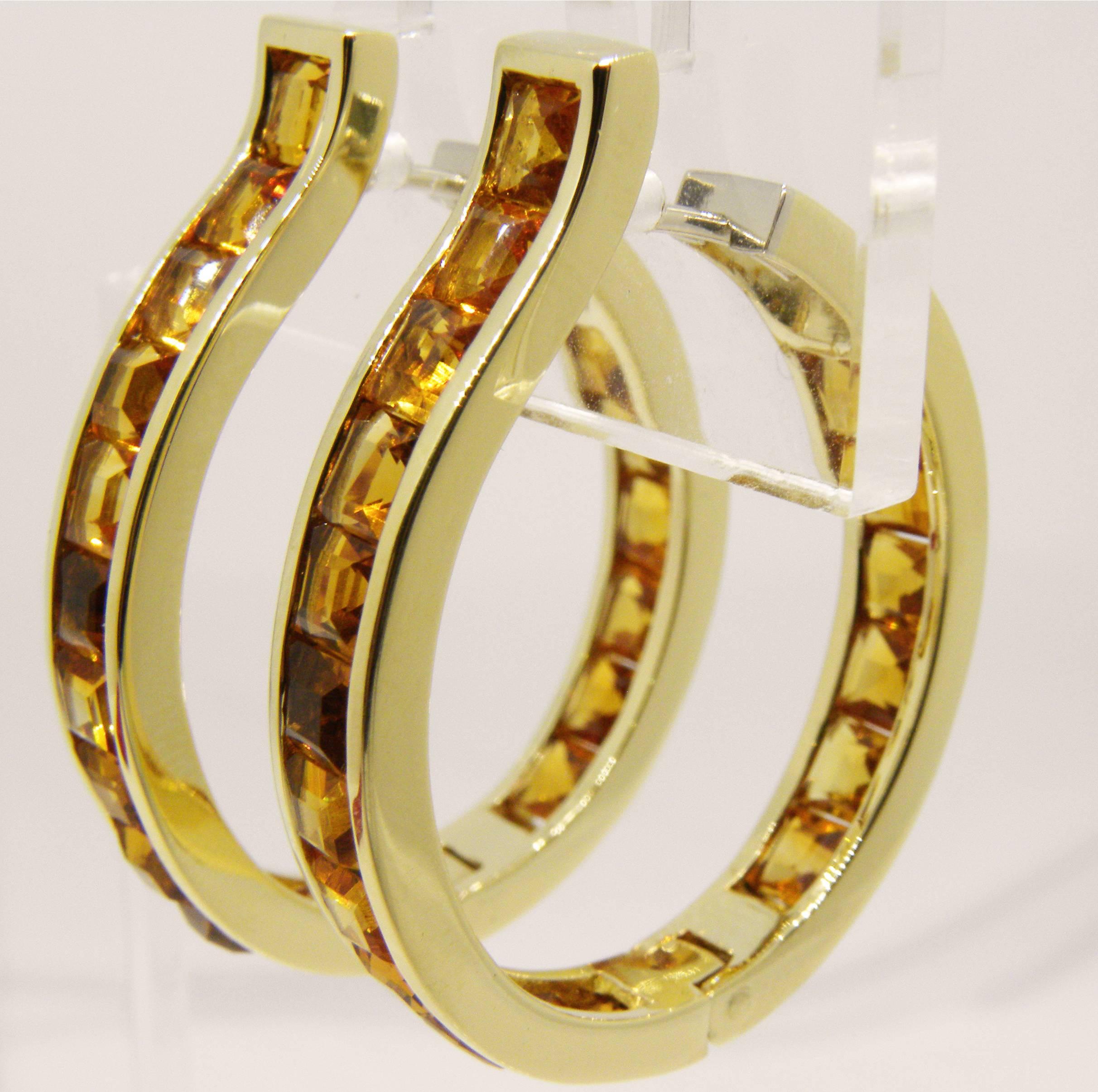 Princess Cut Berca Unique Oval Square Cut Natural Citrine 18 Carat Yellow Gold Hoop Earrings For Sale