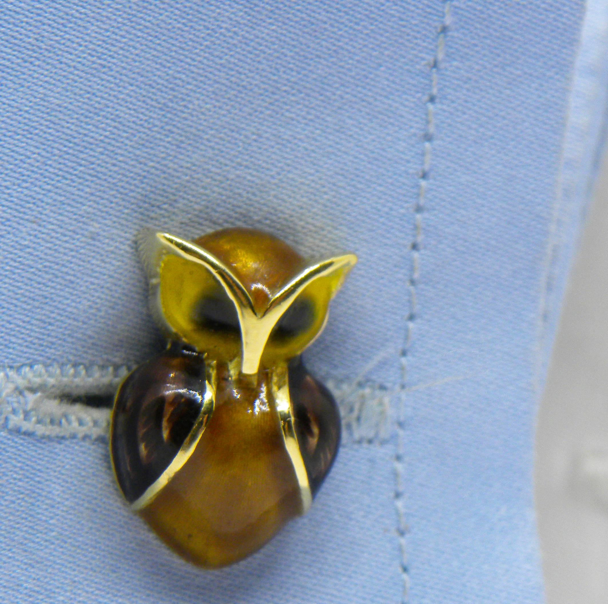 Hand Enameled Little Owl Carnelian Stick Back Yellow Gold Cufflinks 1