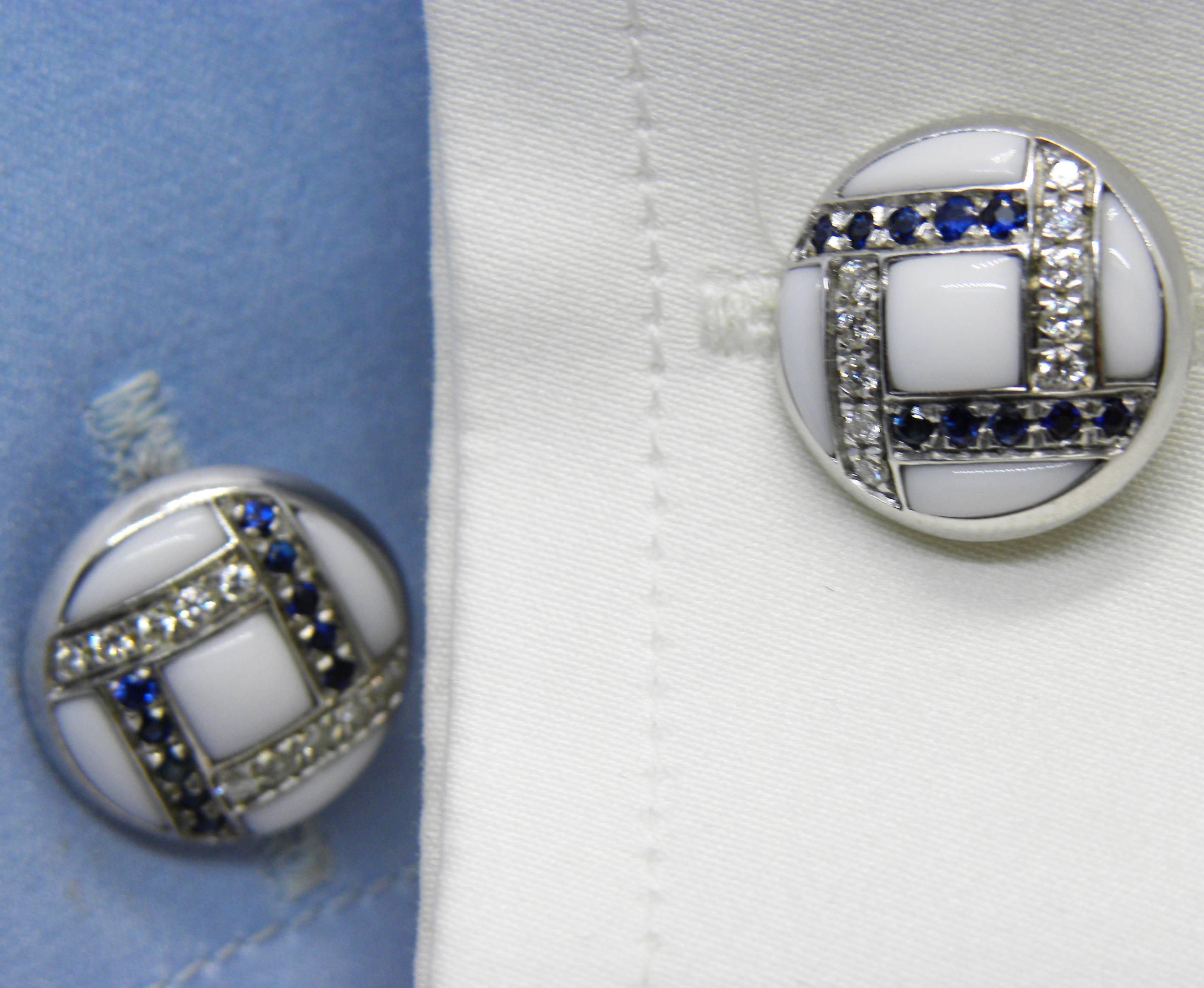 Men's White Diamond Blue Sapphire Hand Inlaid Kogolong T-Bar Back White Gold Cufflinks