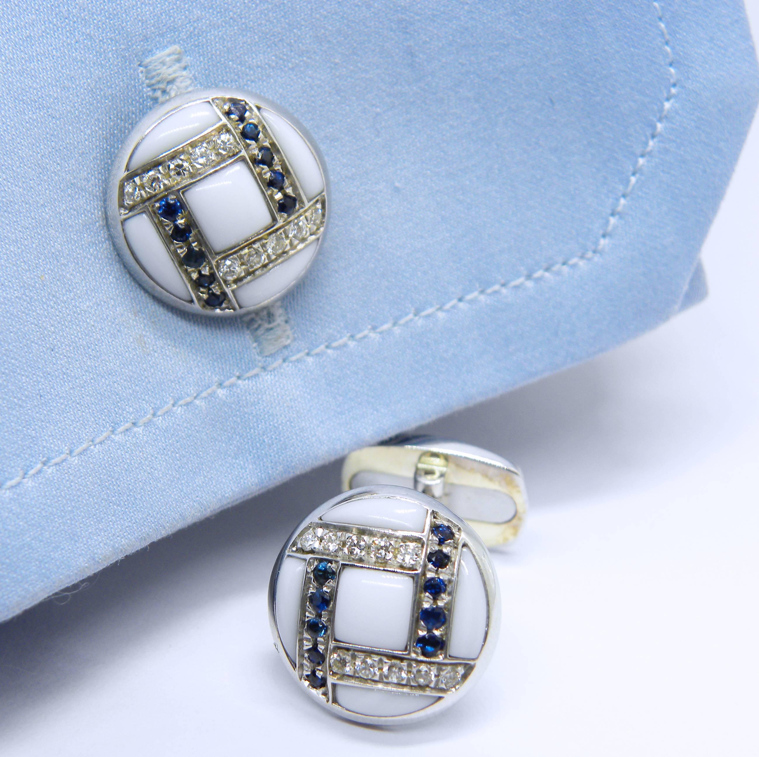 White Diamond Blue Sapphire Hand Inlaid Kogolong T-Bar Back White Gold Cufflinks In New Condition In Valenza, IT