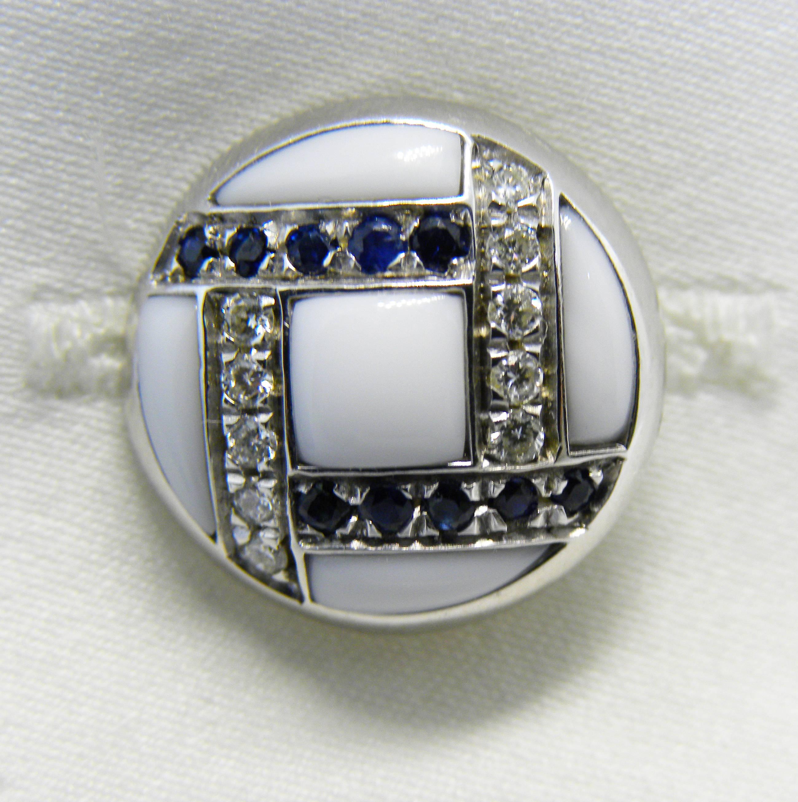 White Diamond Blue Sapphire Hand Inlaid Kogolong T-Bar Back White Gold Cufflinks 1