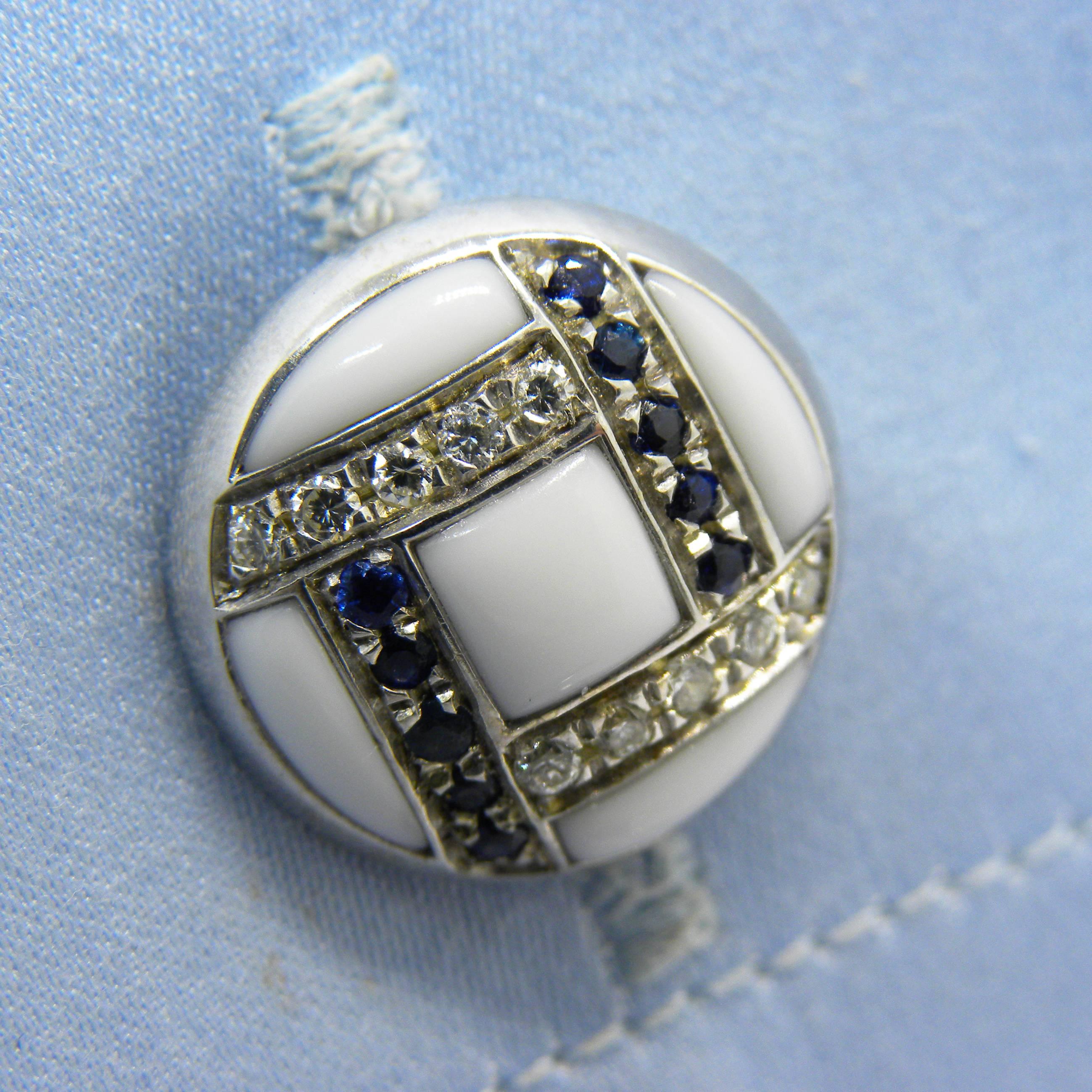 Round Cut White Diamond Blue Sapphire Hand Inlaid Kogolong T-Bar Back White Gold Cufflinks