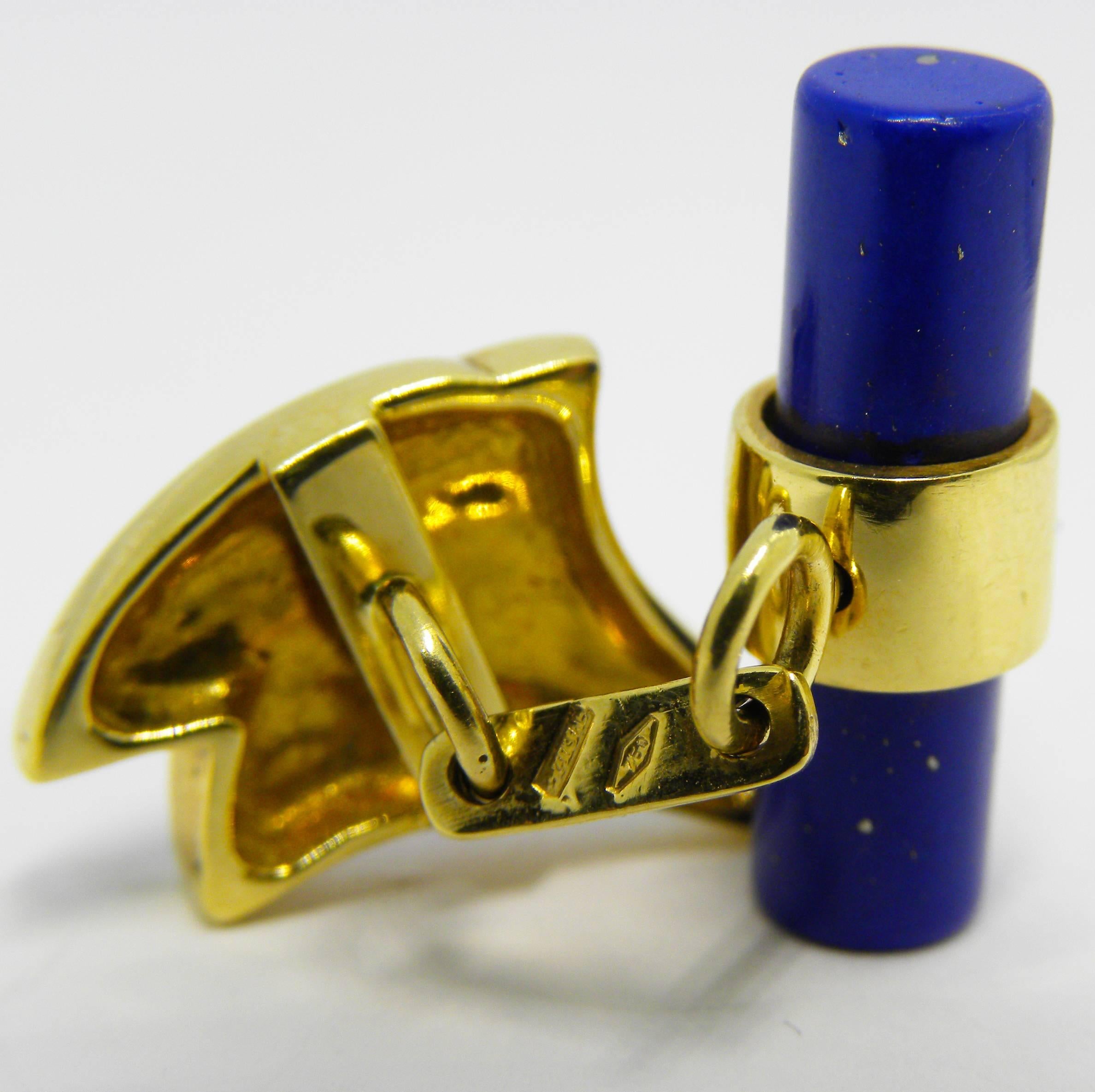 Men's Berca Enameled Butterfly Shaped Lapis Stick Back 18 Carat Yellow Gold Cufflinks For Sale