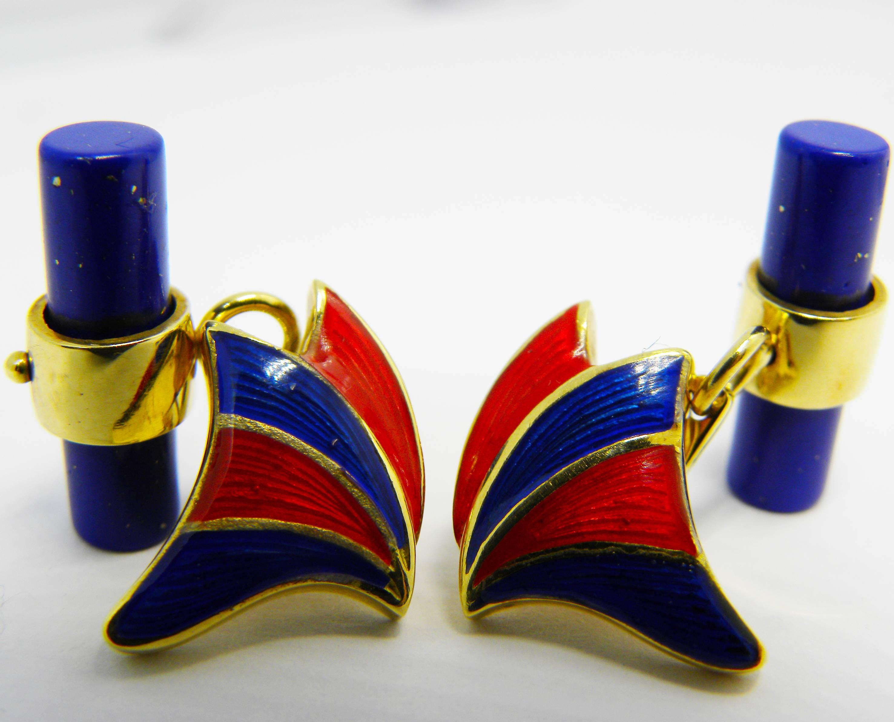 Bullet Cut Berca Enameled Butterfly Shaped Lapis Stick Back 18 Carat Yellow Gold Cufflinks For Sale