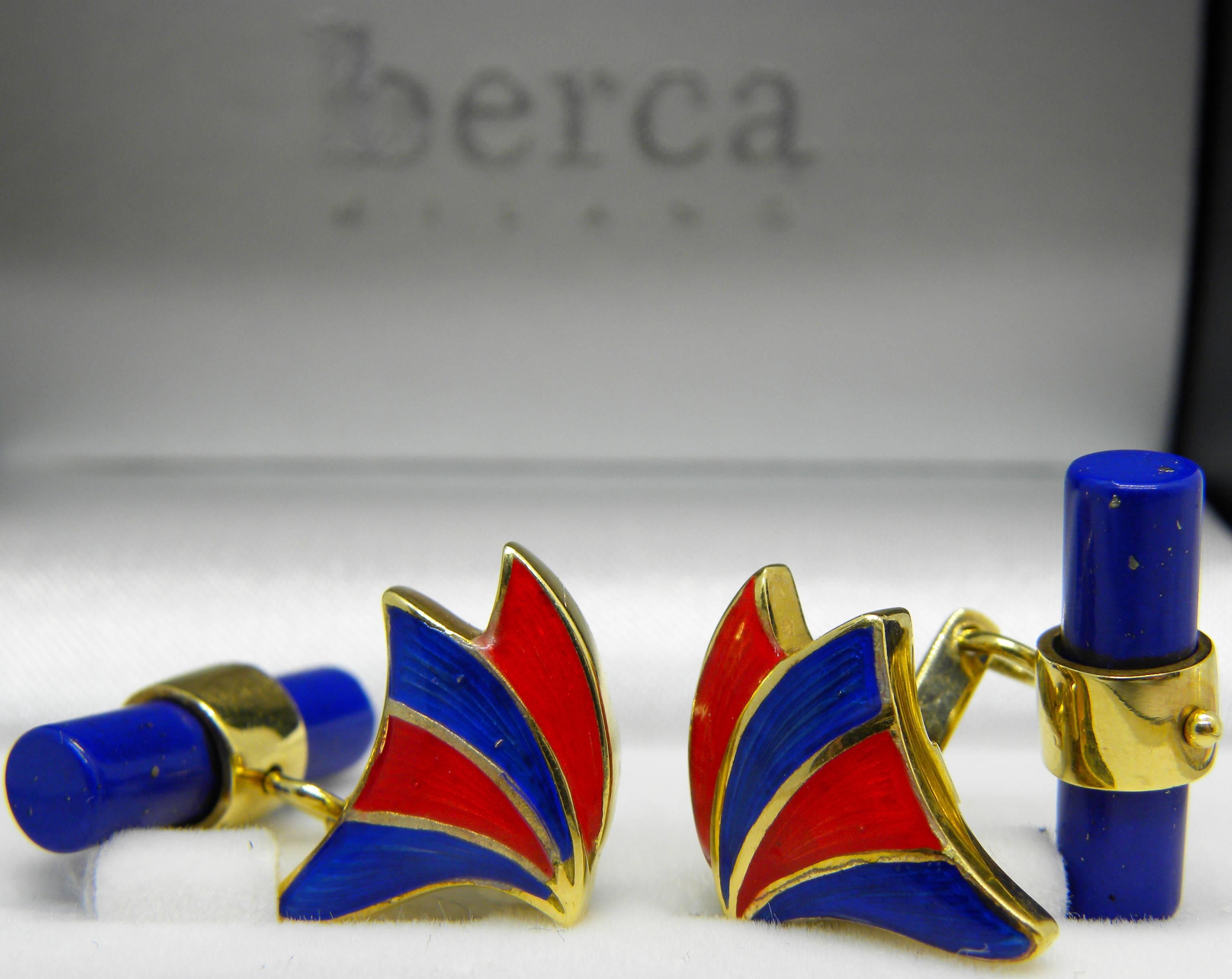 Berca Enameled Butterfly Shaped Lapis Stick Back 18 Carat Yellow Gold Cufflinks For Sale 2