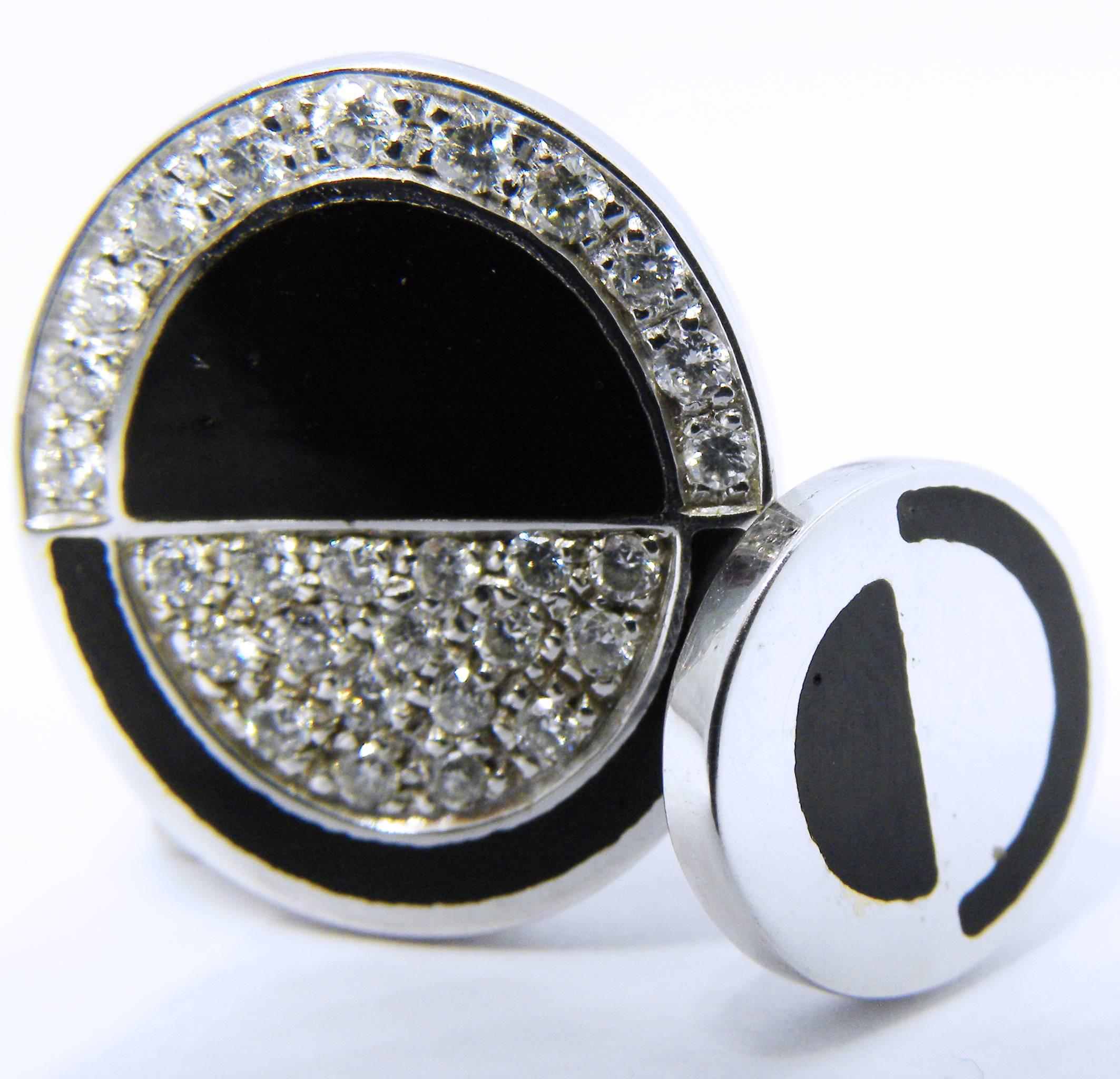 Women's or Men's Berca White Diamond Black Hand Enameled Oval Shaped White Gold Cufflinks For Sale