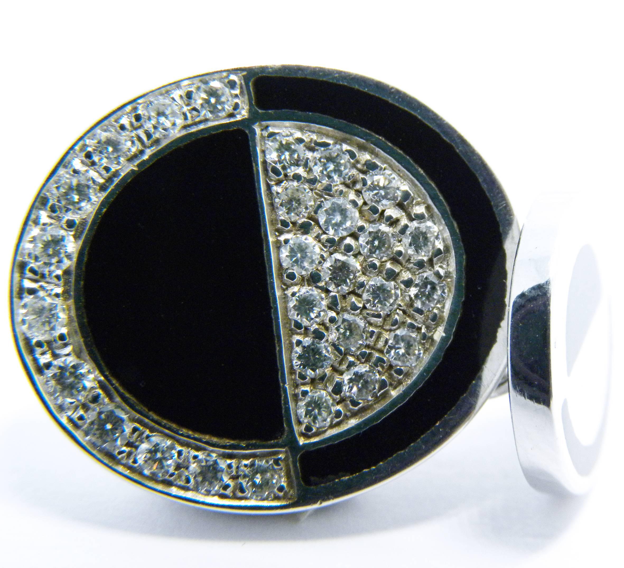 Art Deco Berca White Diamond Black Hand Enameled Oval Shaped White Gold Cufflinks For Sale