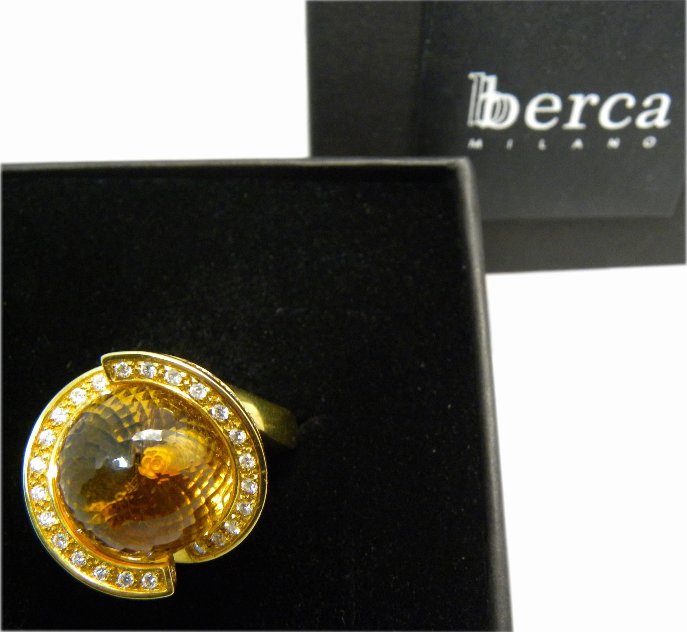 Berca 25.70 Carat Citrine Quartz Ball White Diamond Yellow Gold Helix Ring In New Condition For Sale In Valenza, IT
