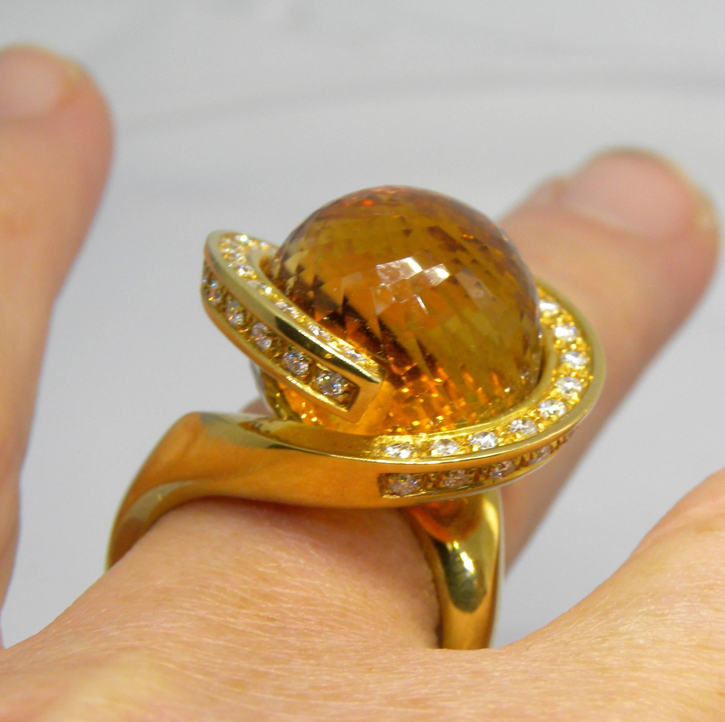Ball Cut Berca 25.70 Carat Citrine Quartz Ball White Diamond Yellow Gold Helix Ring For Sale