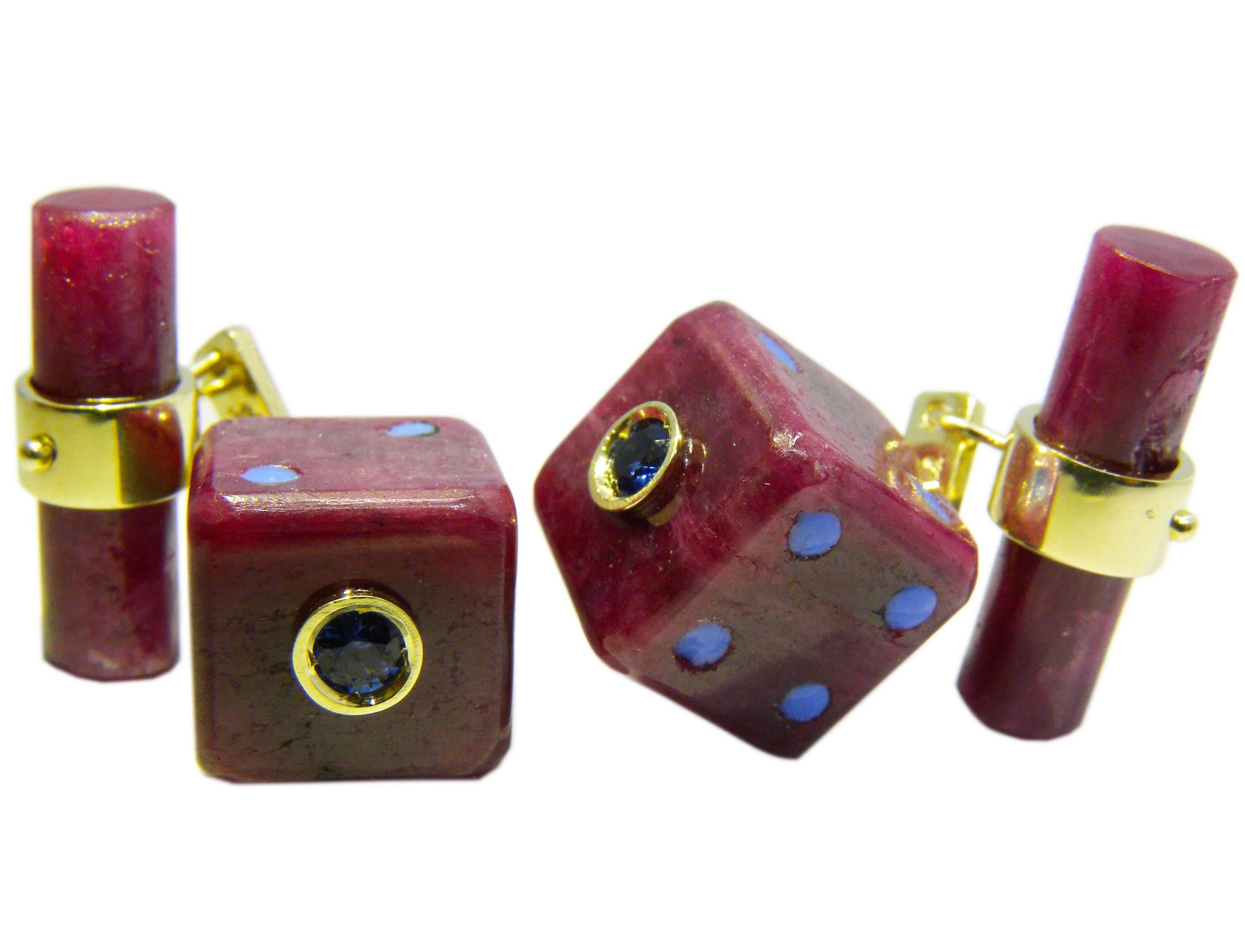 One-of-a-kind 48 Carat Hand Inlaid Natural Ruby Dice Shaped Cufflinks, Hand Enamelled Blue Dots, 0.24 Carat Round Blue Sapphires, Yellow Gold Setting