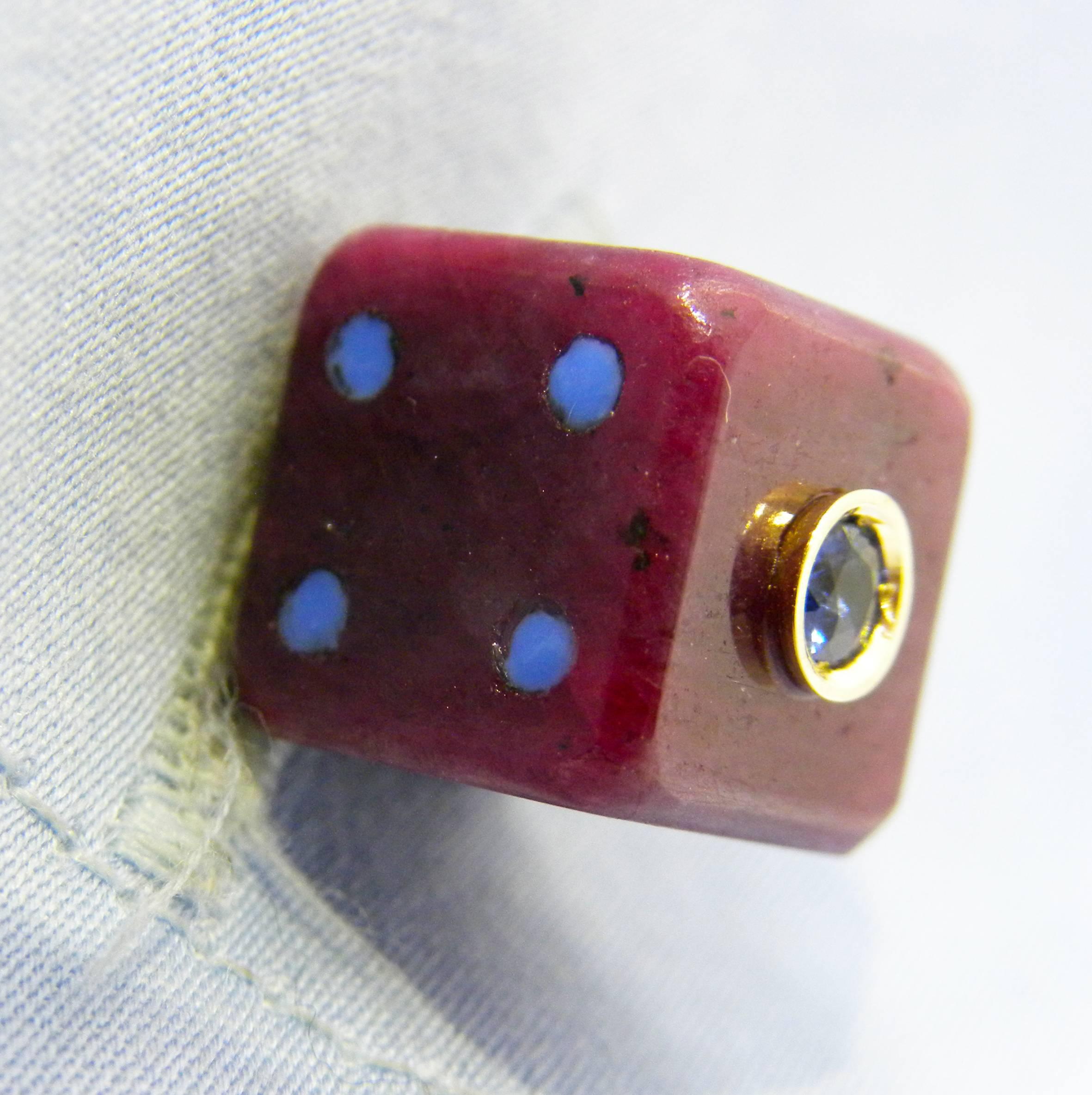 Men's 48 Carat Hand Inlaid Natural Ruby Blue Sapphire Hand Enameled Dice Cufflinks