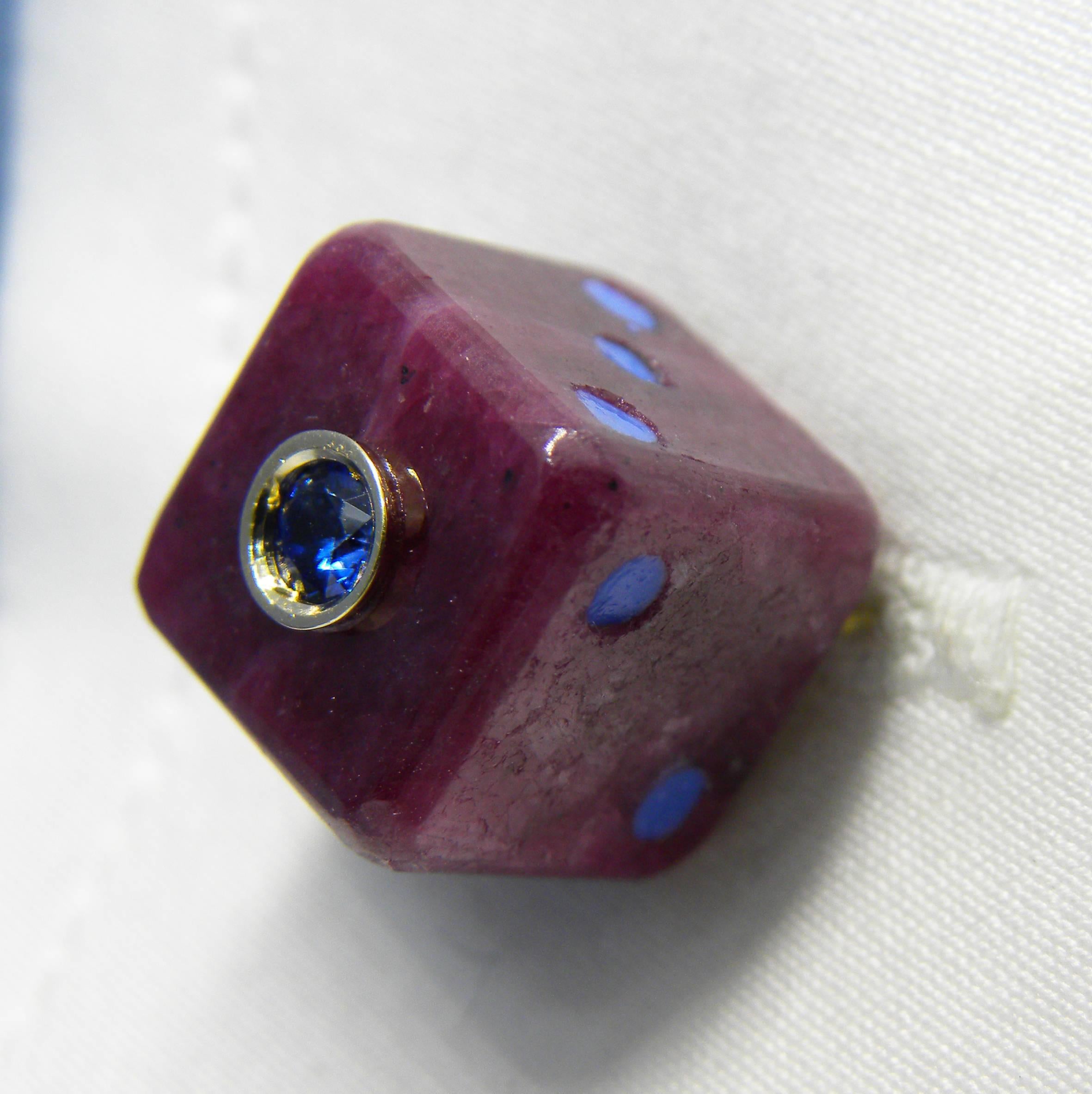 48 Carat Hand Inlaid Natural Ruby Blue Sapphire Hand Enameled Dice Cufflinks 1