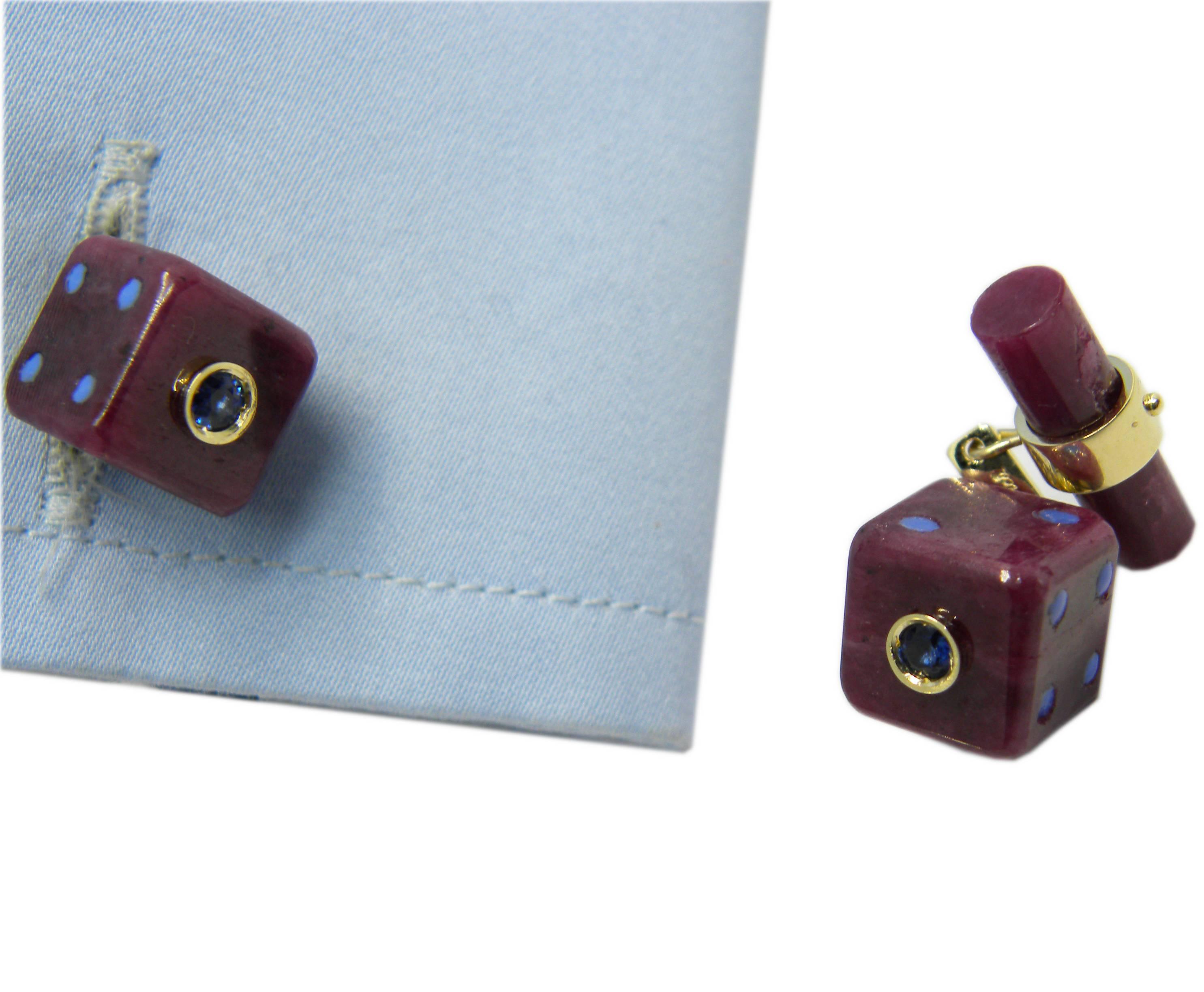 Contemporary 48 Carat Hand Inlaid Natural Ruby Blue Sapphire Hand Enameled Dice Cufflinks