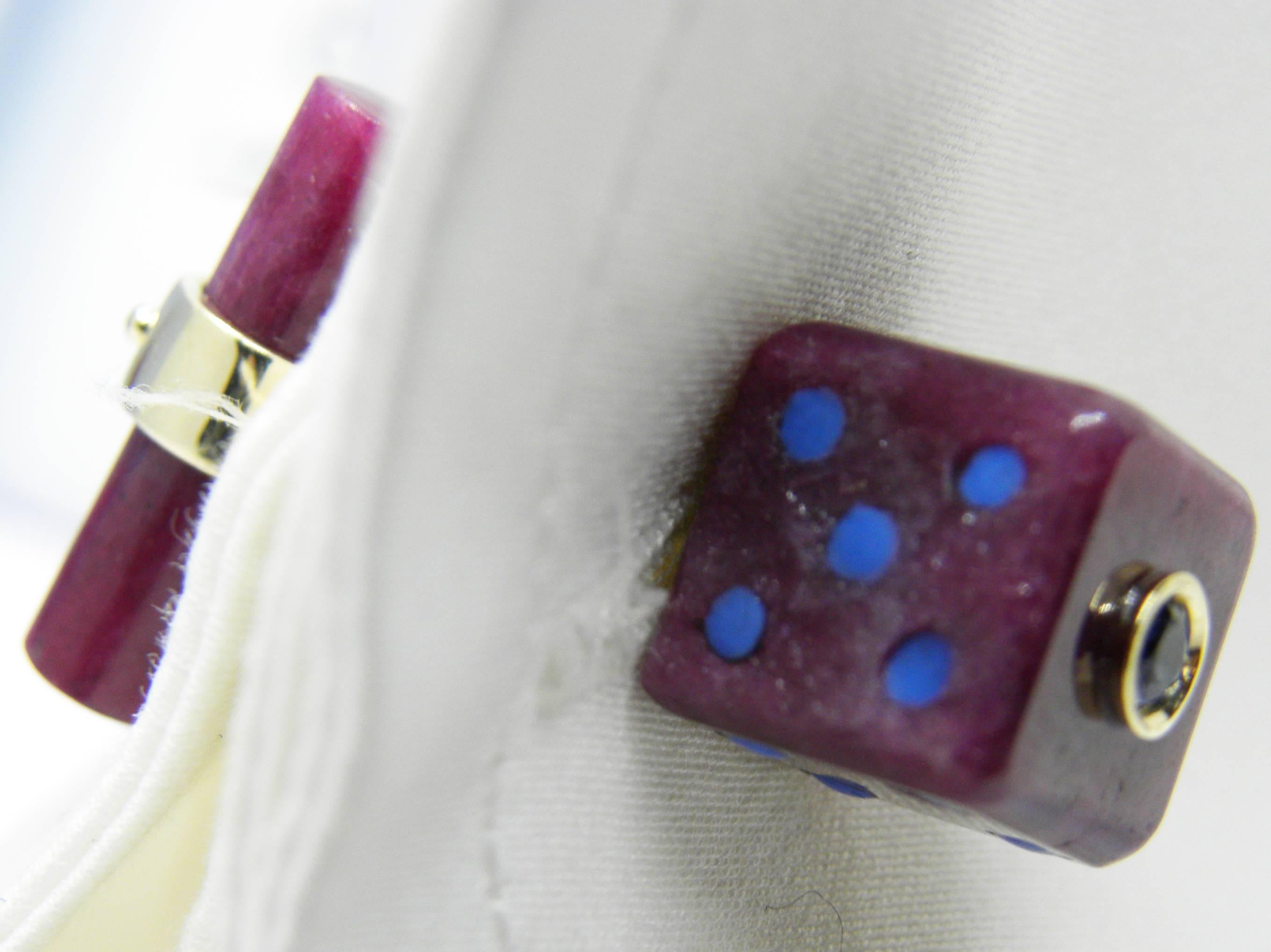 48 Carat Hand Inlaid Natural Ruby Blue Sapphire Hand Enameled Dice Cufflinks 2