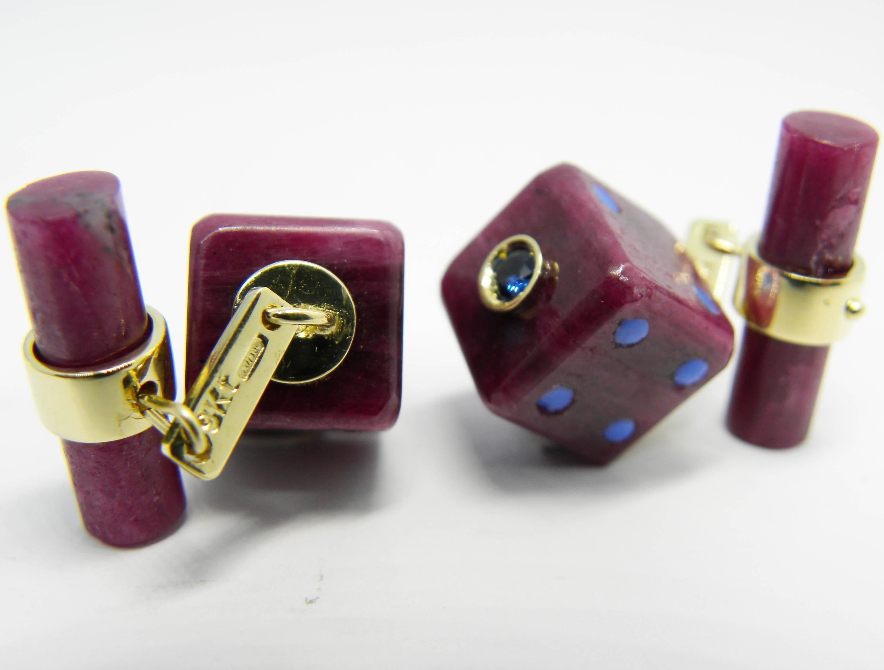 48 Carat Hand Inlaid Natural Ruby Blue Sapphire Hand Enameled Dice Cufflinks In New Condition In Valenza, IT