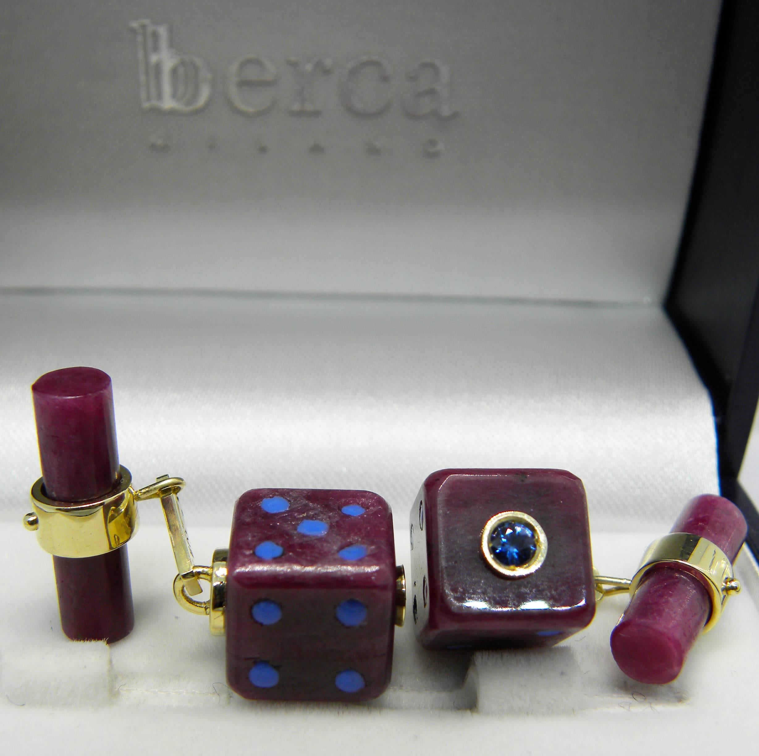 48 Carat Hand Inlaid Natural Ruby Blue Sapphire Hand Enameled Dice Cufflinks 4