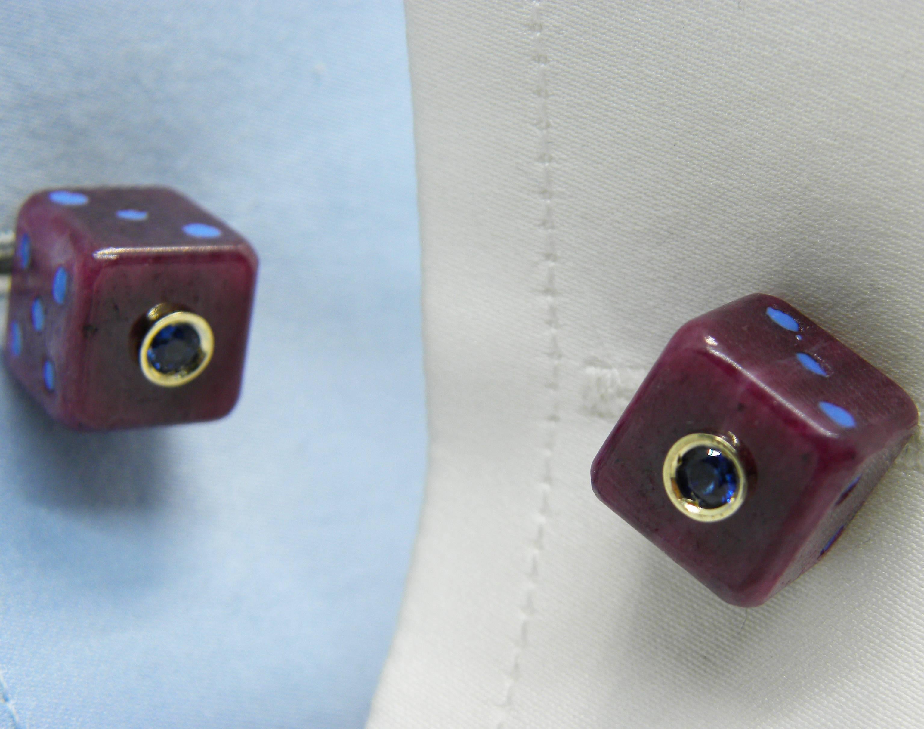 48 Carat Hand Inlaid Natural Ruby Blue Sapphire Hand Enameled Dice Cufflinks 3