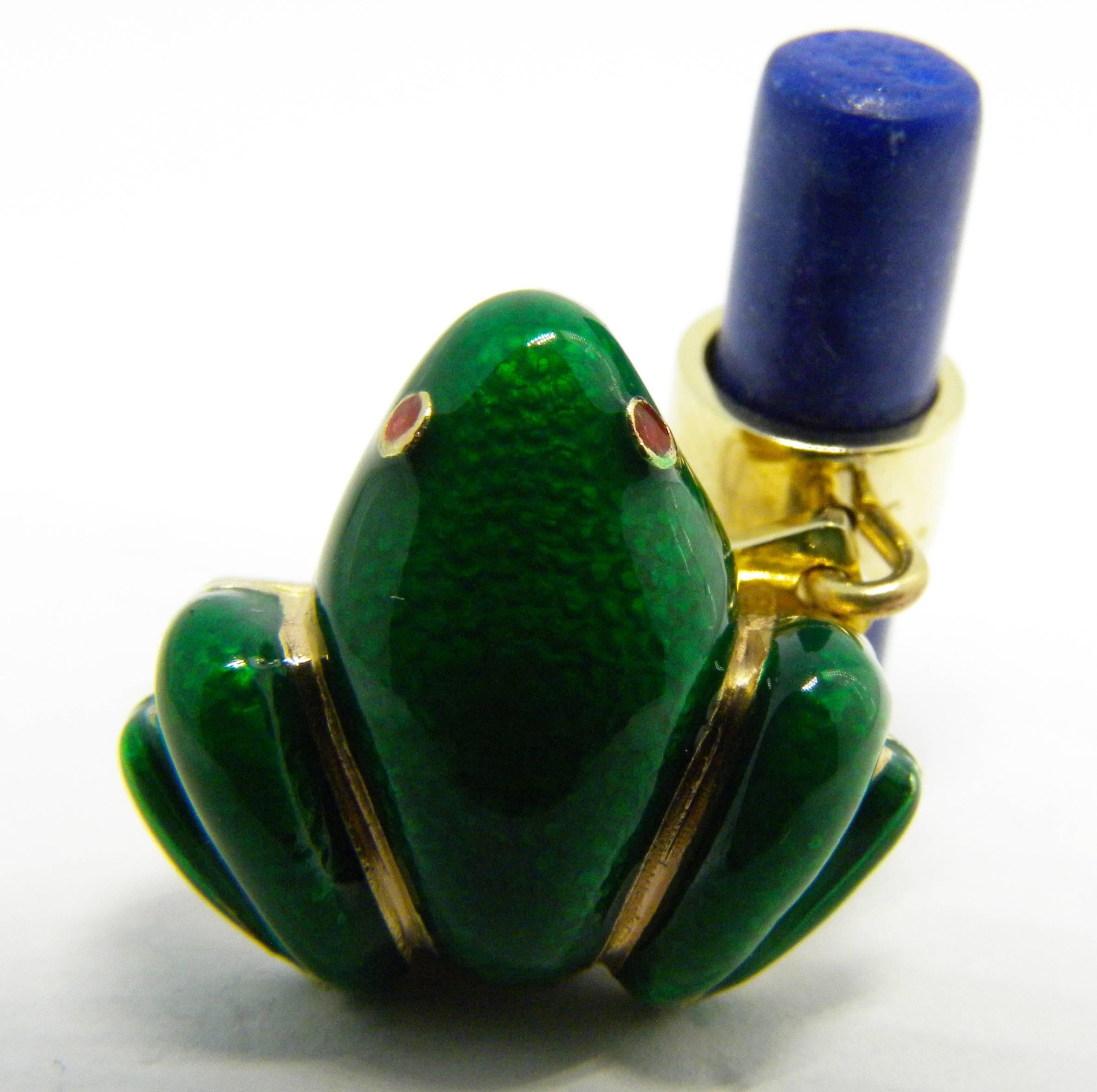 Unique and chic Green Hand Enameled  Frog Shaped Natural Lapis Lazuli Stick Back, yellow Gold Cufflinks.
In our smart fitted box and pouch.
