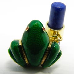 Berca Hand Enameled Frog Shaped Natural Lapis Stick Back Yellow Gold Cufflinks
