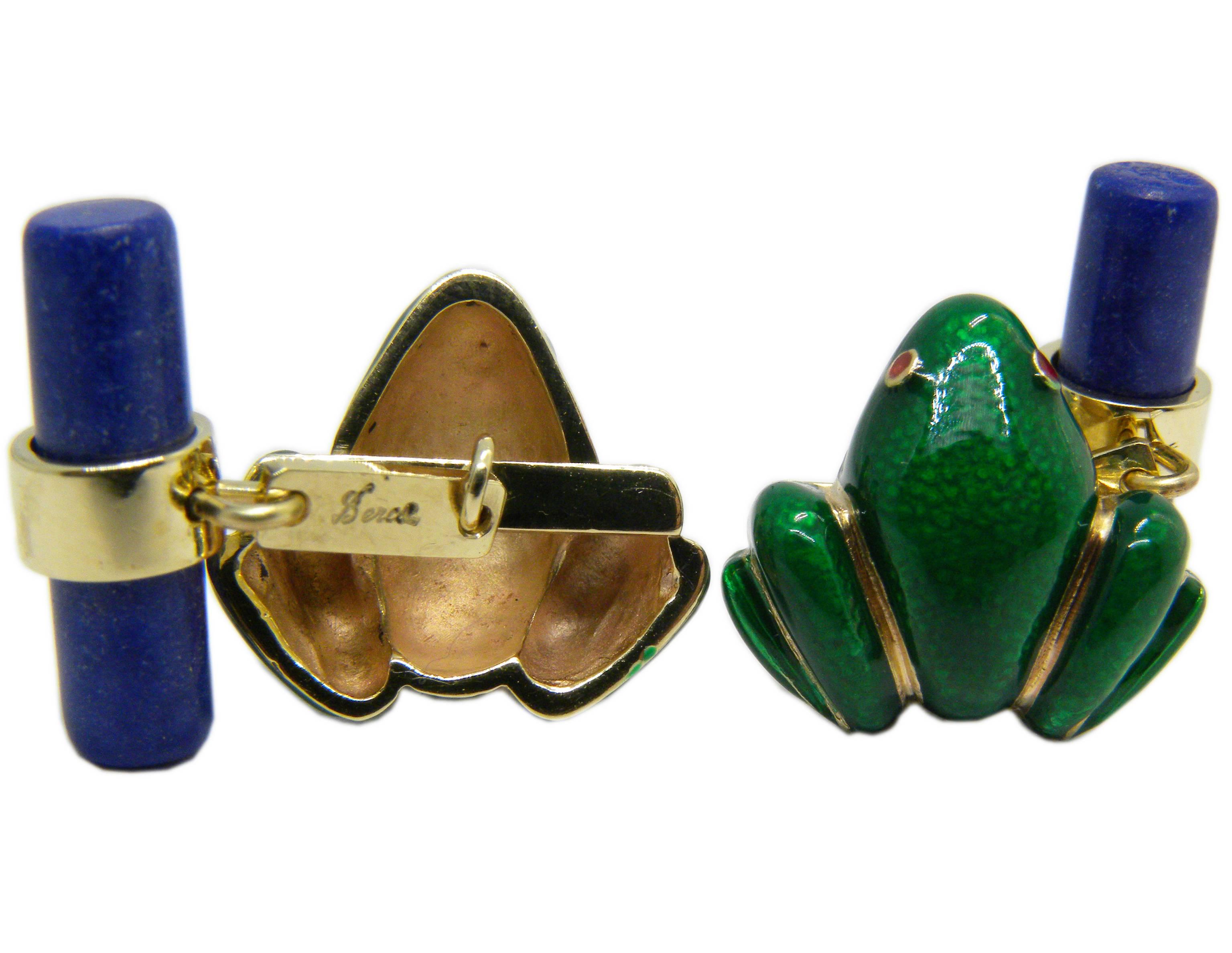 Contemporary Berca Hand Enameled Frog Shaped Natural Lapis Stick Back Yellow Gold Cufflinks For Sale