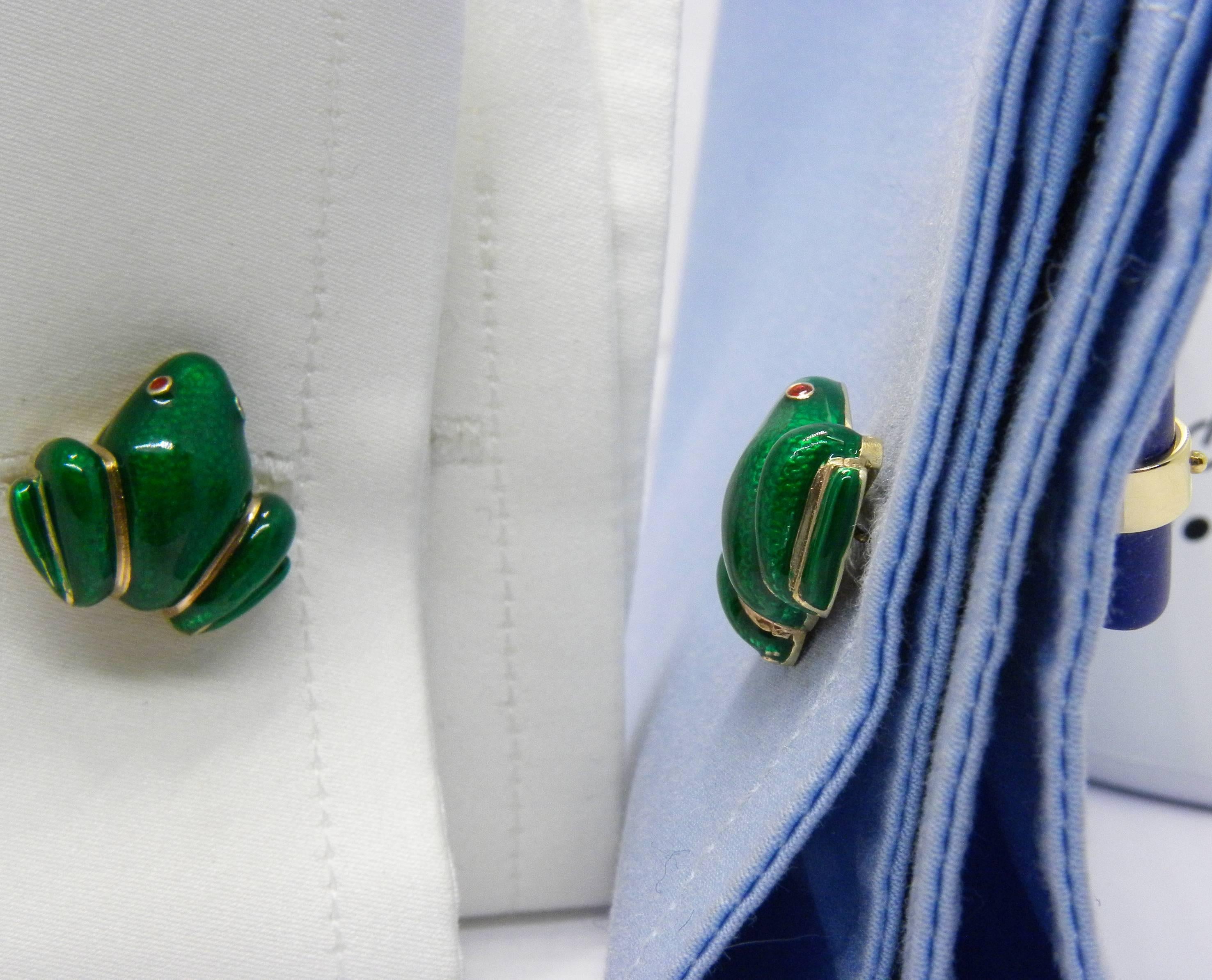 Men's Berca Hand Enameled Frog Shaped Natural Lapis Stick Back Yellow Gold Cufflinks For Sale