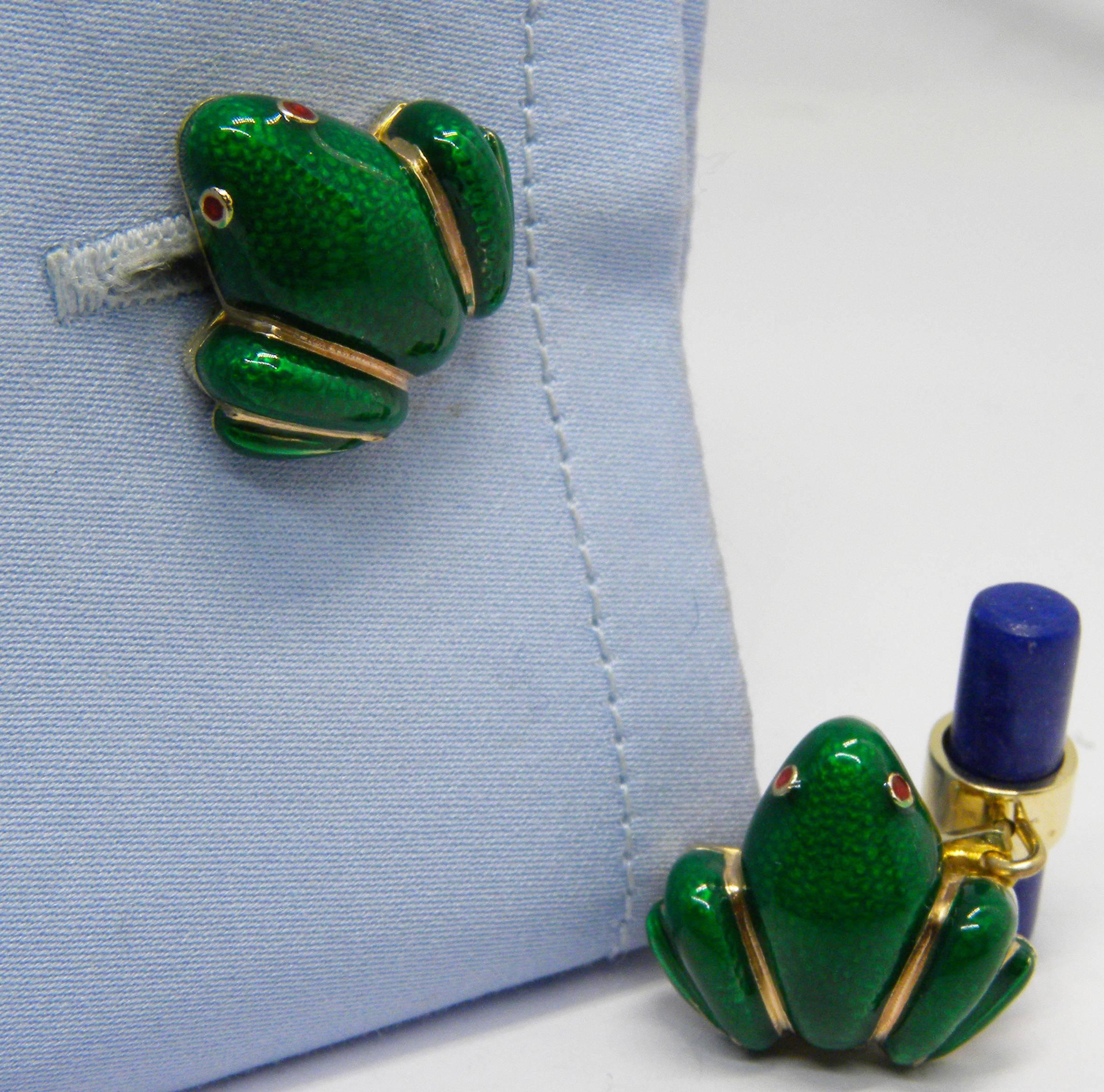 Bullet Cut Berca Hand Enameled Frog Shaped Natural Lapis Stick Back Yellow Gold Cufflinks For Sale