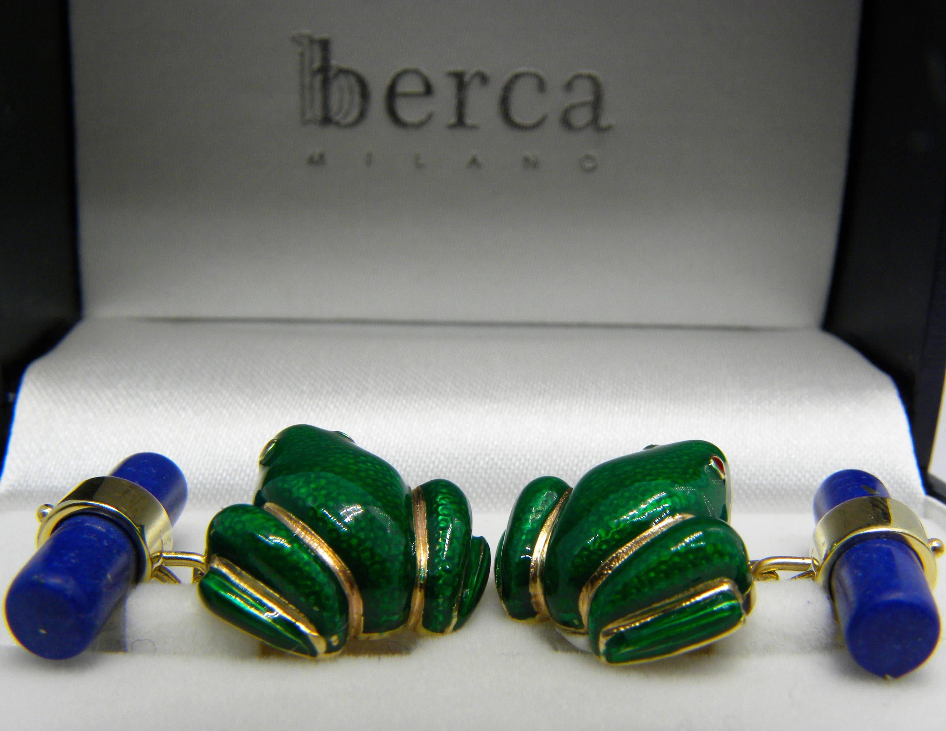 Berca Hand Enameled Frog Shaped Natural Lapis Stick Back Yellow Gold Cufflinks For Sale 1